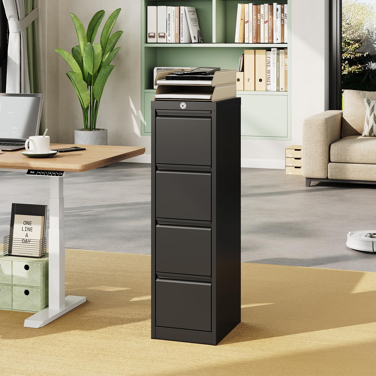 Garvee Classeur à dossiers métallique 4 tiroirs sécurisé – Rangement Vertical Robuste pour Documents A4/Légal/Lettre/F4 – Idéal Bureau – Serrure intégrée – Couleur Noire