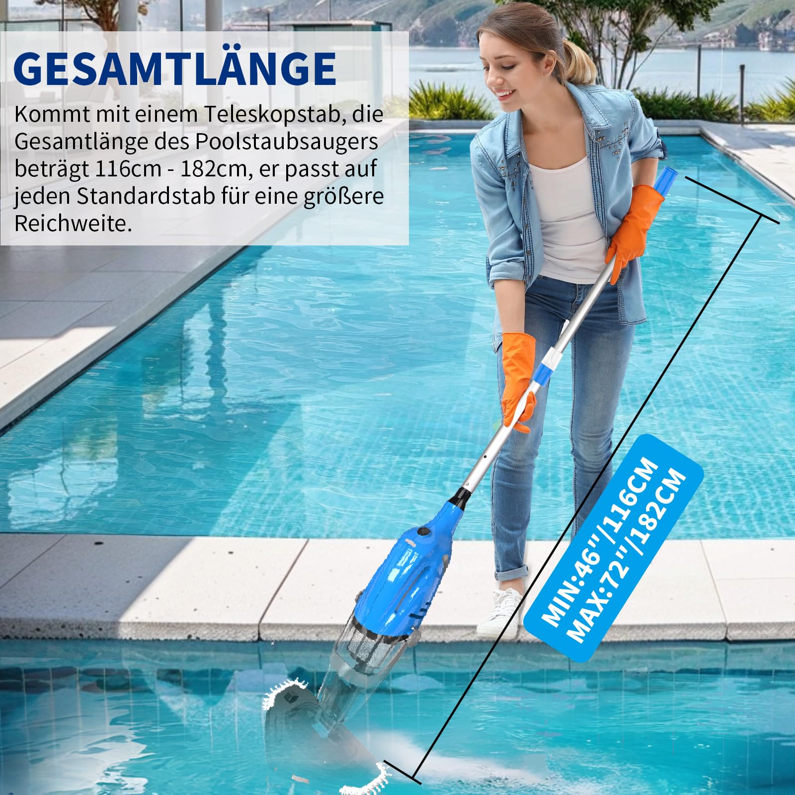 2026 Poolsauger mit Akku, Pool Bodensauger Handsauger Kabellos, 60 Minuten Laufzeit Elektrisch Pool Staubsauger mit Teleskopstange, Poolreiniger für Spas, Whirlpools, Pools, Blau