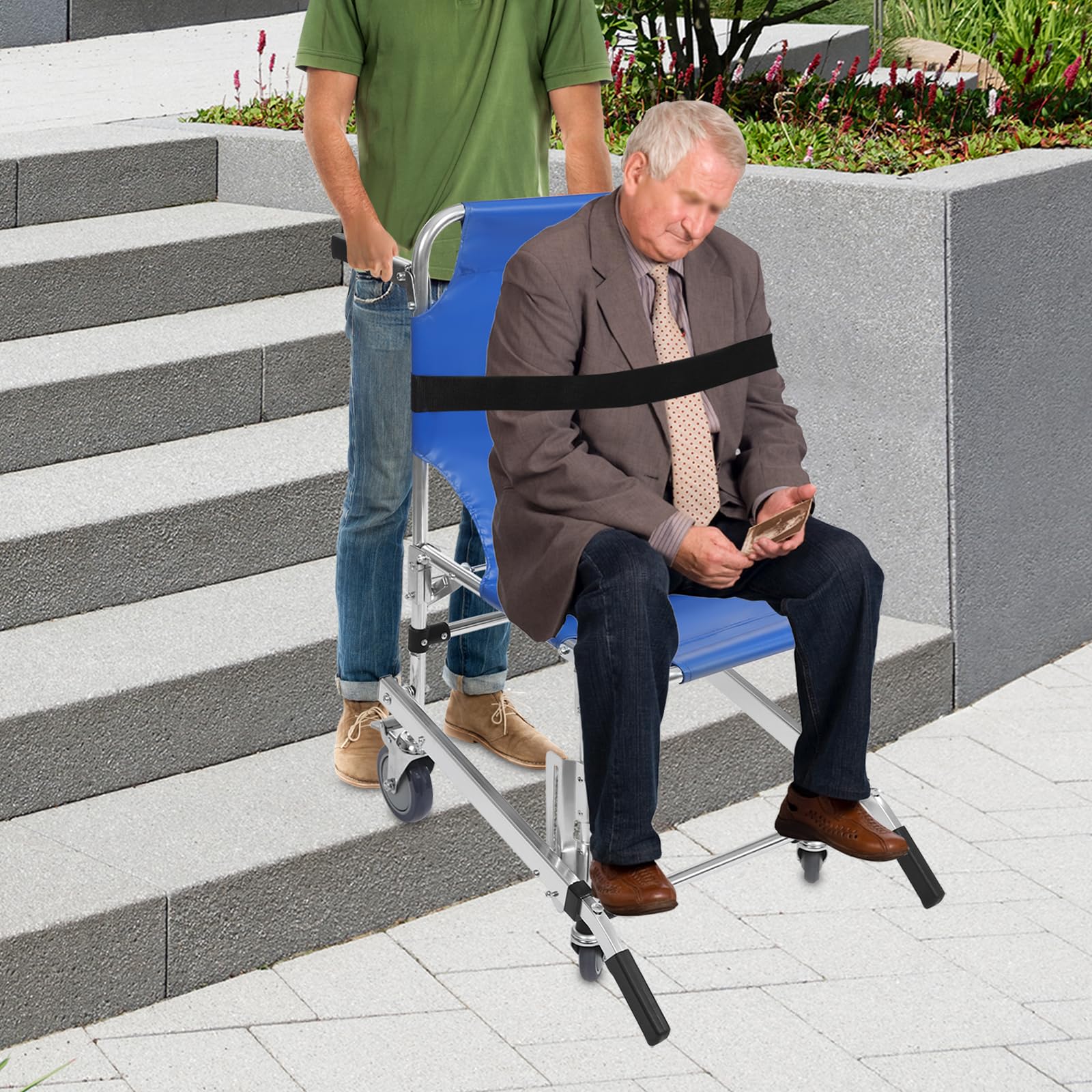 Krzesło schodowe dla seniorów, składane, ze stopu aluminium, z uchwytami, pasy bezpieczeństwa, podnóżek, krzesło ewakuacyjne do wózka ratunkowego, strażaka, do 160 kg
