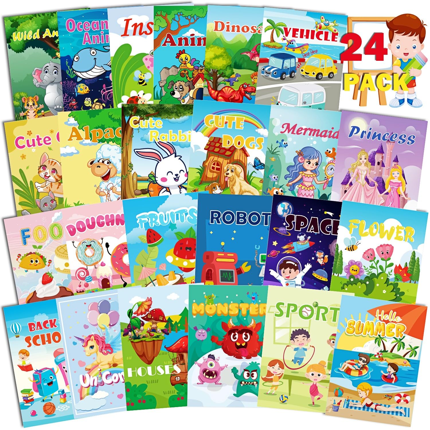 Aannanl 24 Mini Colouring Books for Party Bags,Small Colouring Books for Children Multipack,Kids Activity Packs,Party Favour and Party Bag Filler (24-A)