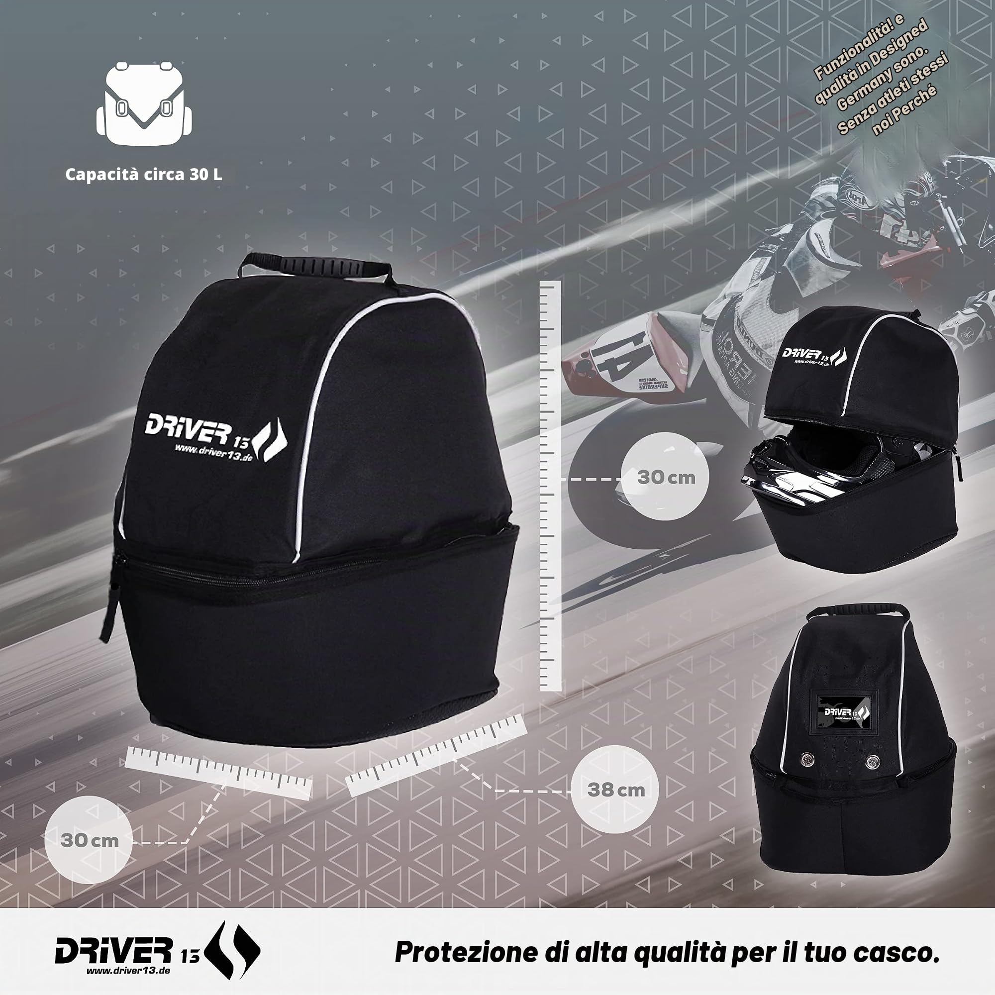 Driver13 borsa casco XL per casco moto e casco motocross, imbottita, con ventilazione e tasca interna per visiera di ricambio, nero, 38 x 30 x 30 cm