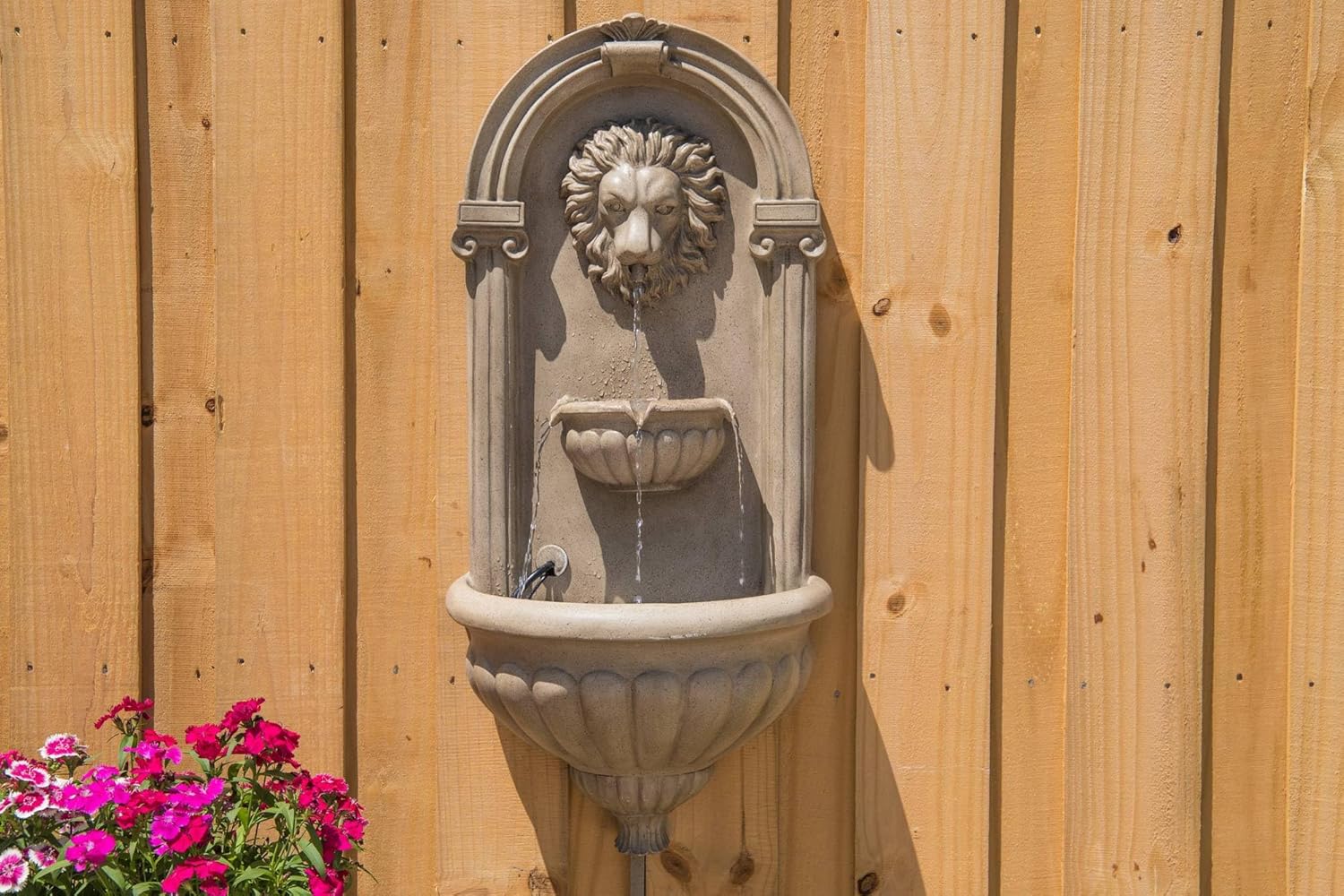 Royal Sandstone LED Outdoor Wall Fountain with Lion Head