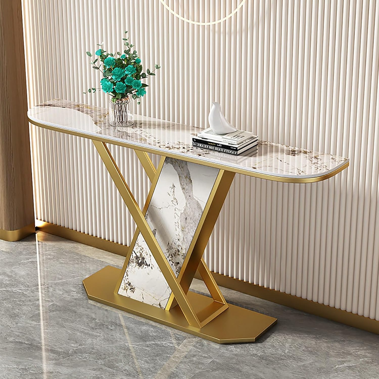 Modern Console Table Rock Panel with Metal Frame Long Accent Foyer Table for Living Room Hallway Entrance(Black,120x30x80cm)
