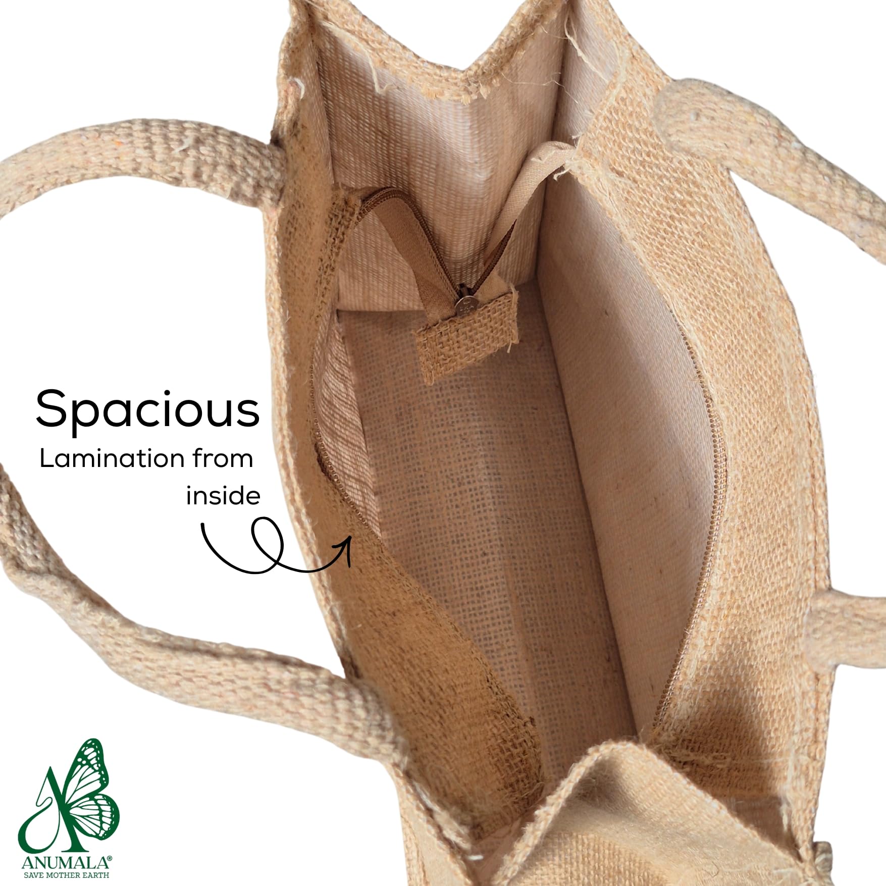 Anumala® Plain Jute Bag with Zipper | Laminated Inside | Eco-Friendly Reusable Grocery & Lunch Bag | 10 x 11 Inch | Natural Brown | 5 Kg Capacity 2