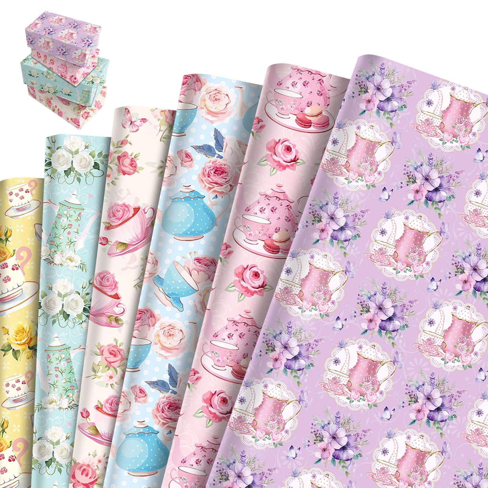 Gift Wrapping Paper, Tea Party Theme Floral and Pastel Print, 6 Large Sheets 50 x 70 cm, Cute Wrapping Paper for Girls Birthdays Wedding, Tea Parties, Festive Decorations