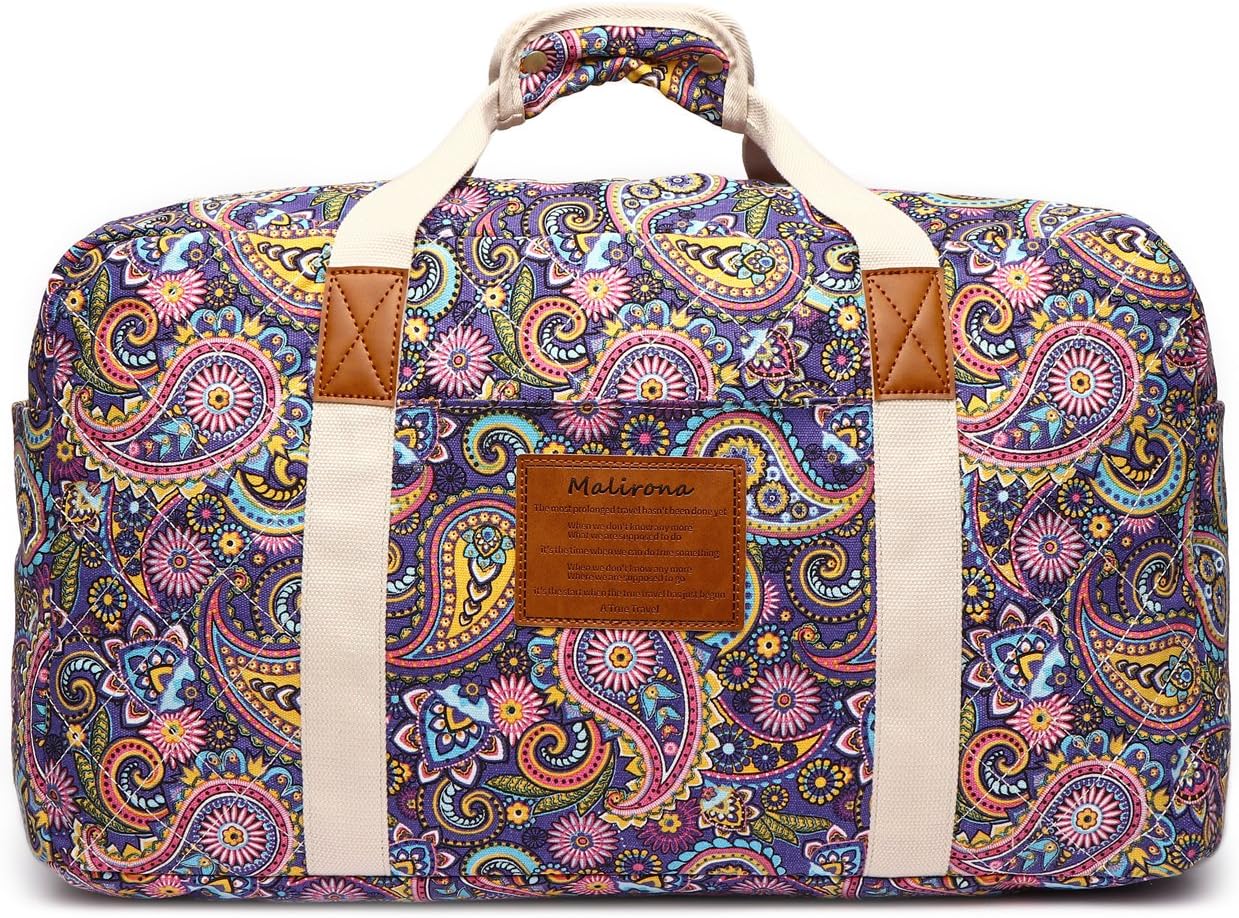 Malirona 22"Canvas Weekender Overnight Bags Travel Duffel Bag Carry On Bag for Women and Girls (Purple Flower) - Image 6