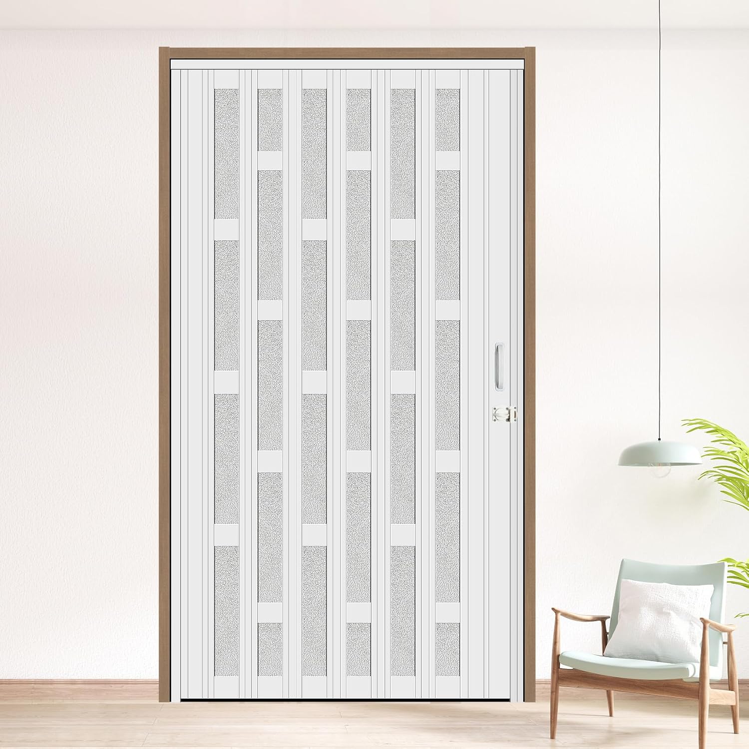 48X79in Frosted Acrylic Glass PVC Accordion Folding Door for Closet,Multifold Interior Door with Installation Hardware,Includes Handle and Latch,White Beech