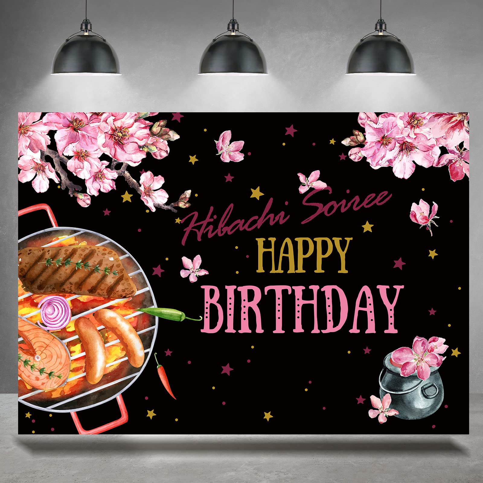 Rsuuinu 7x5ft Hibachi Soiree Backdrop - Happy Birthday Backdrop for Photography, Women's Birthday Banners, BBQ Party Background, Hibachi Barbecue