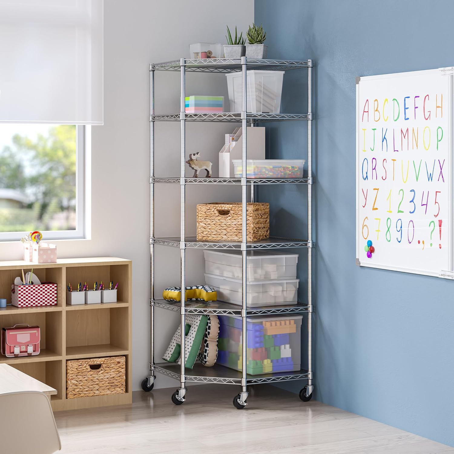 Seville Classics UltraDurable Commercial-Grade 6-Tier NSF-Certified Corner Steel Wire Shelving with Wheels, 28" W x 28" D x 72" H