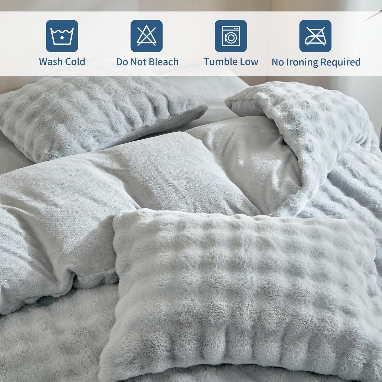 Tokokimo Fluffy Duvet Cover Set King Size, Faux Fur Duvet Cover Set Soft Reversible Bedding Set, Grey Comforter Cover with 2 Pillow Cases, All Season Fuzzy Comforter Cover Set