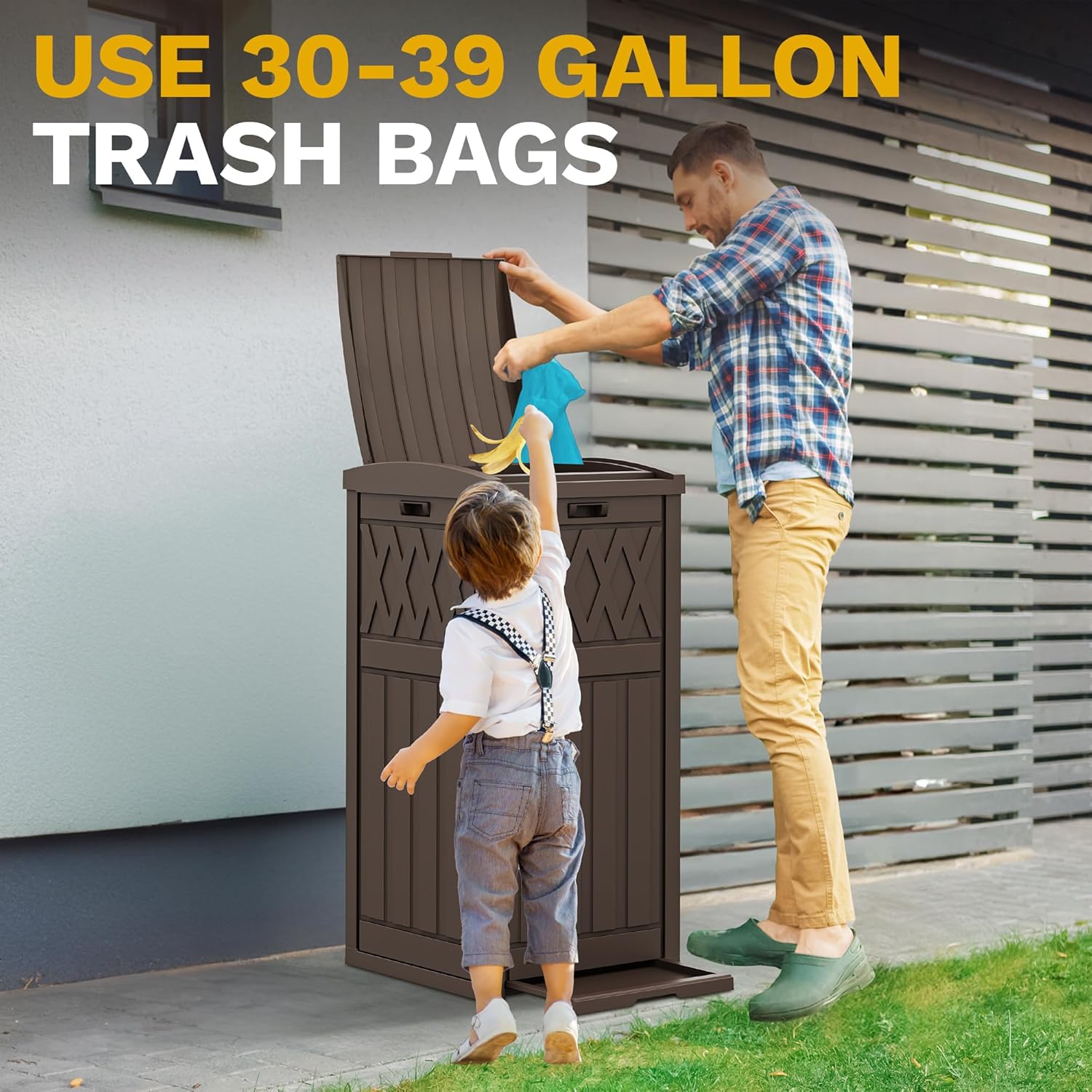 DWVO 33 Gallon Outdoor Trash Can with Tiered Lid and Drip Tray, Waterproof Resin Garbage Can for Patio, Kitchen, Deck and Backyard - Brown