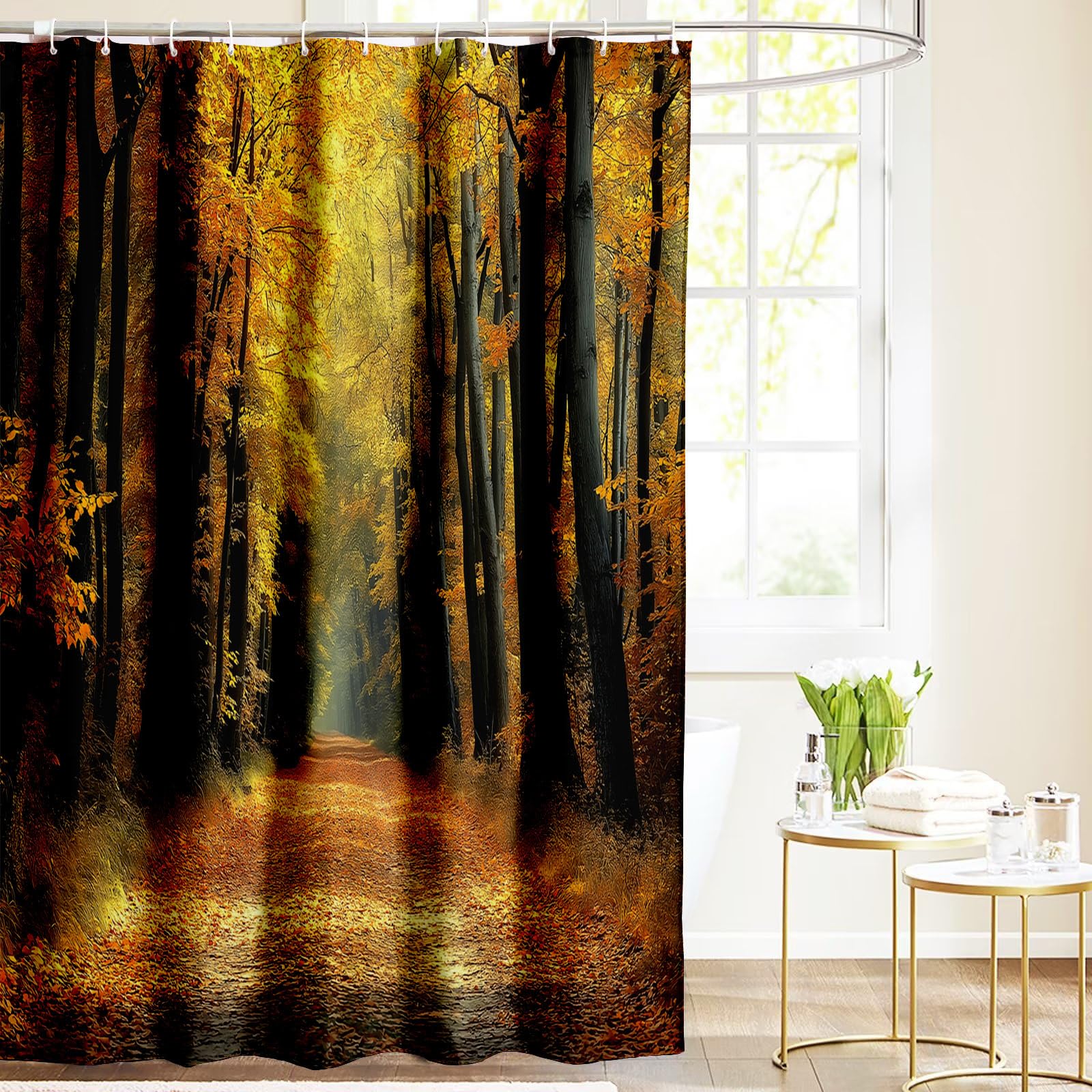 Rideaux de douche automne 200x200 lavables avec crochets pour grande baignoire