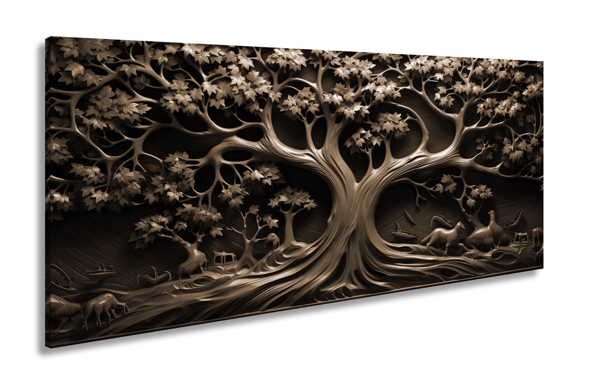 Leinwandbild Baum des Lebens, kunstvoll geschnitzt in zeitlosem Holz. Panorama 100x50cm Effekt: Sepia XXL Kunstdruck Bild auf Keilrahmen/Wandbild/Wohnzimmer Dekoration