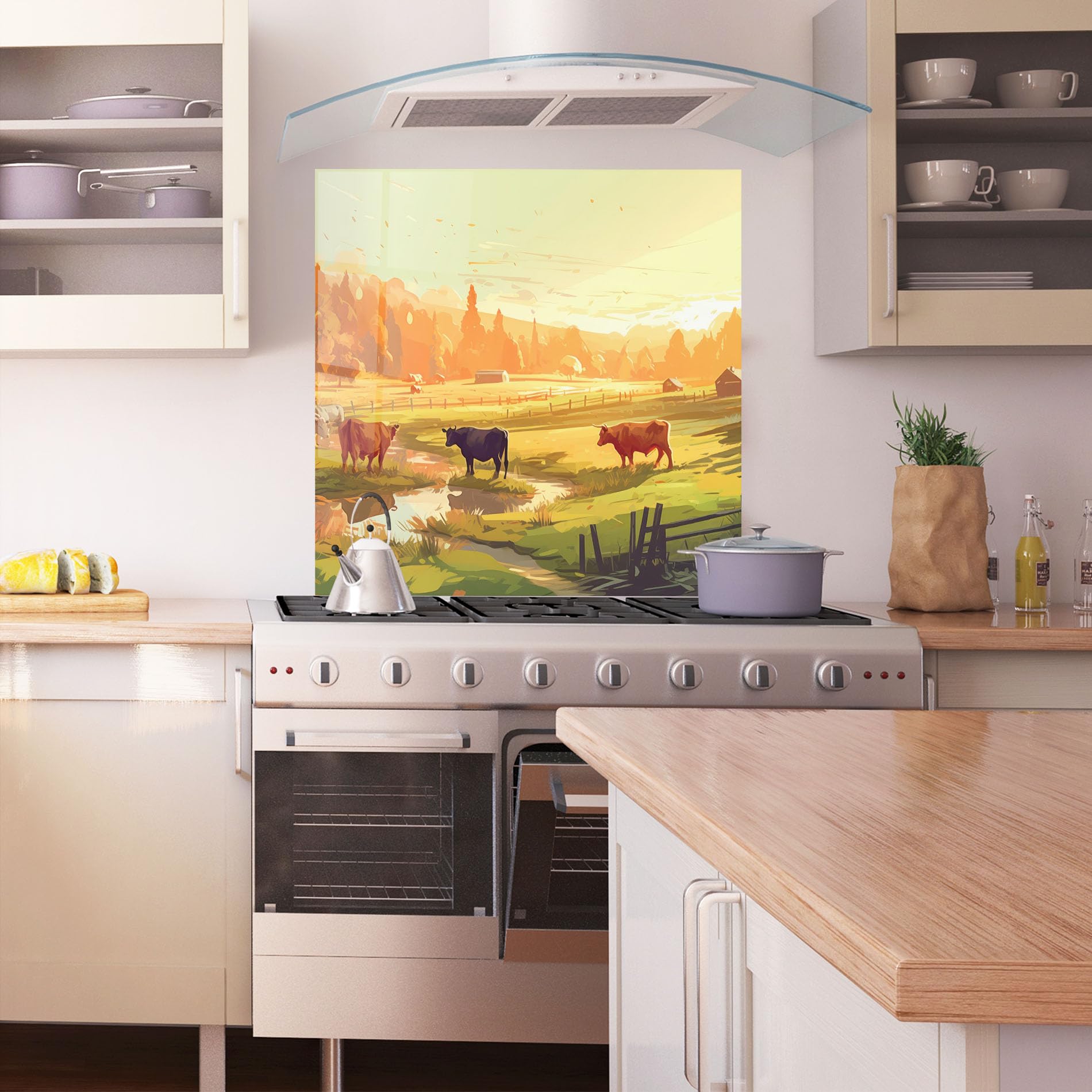 ARTHUB® Crédence de Cuisine en Verre 60x60 cm, Farm Sunlight | Protection Contre Les éclaboussures, Revêtement Mural en Carreaux, Plaque en Verre, Verre trempé, Paysages, Campagne
