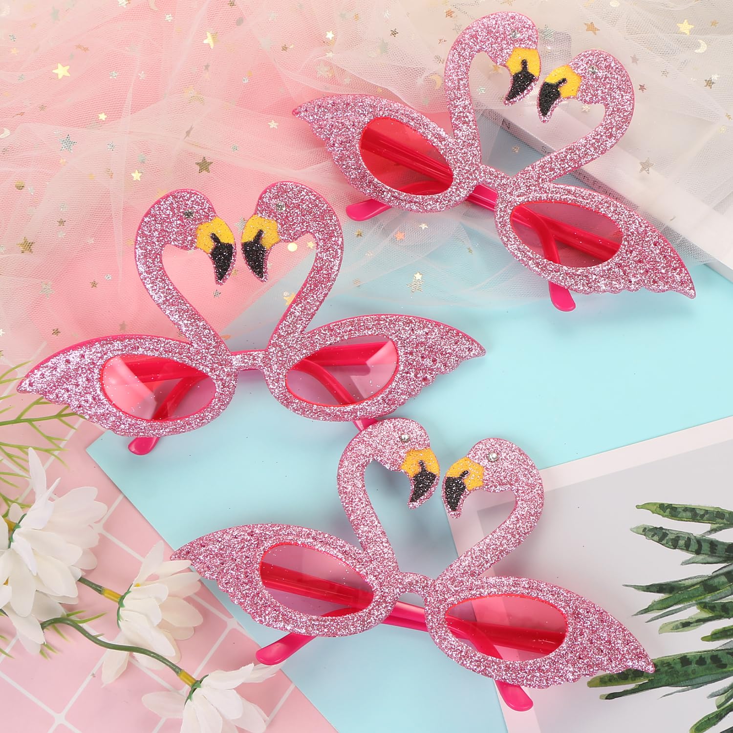 UHOMENY 3pcs Pink Glitter Flamingo Glasses Rhinestone Eyes Flamingo Party Sunglasses Animal Eyewear Decoration for Summer Themed Props Carnival Festival Costume Party - Image 4