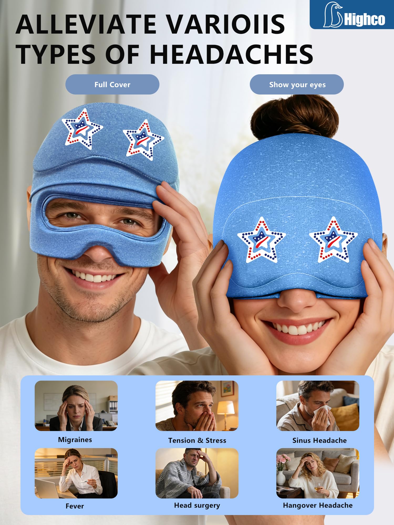 Gorro de alivio de migraña con máscara de ojos deslizante, alivio