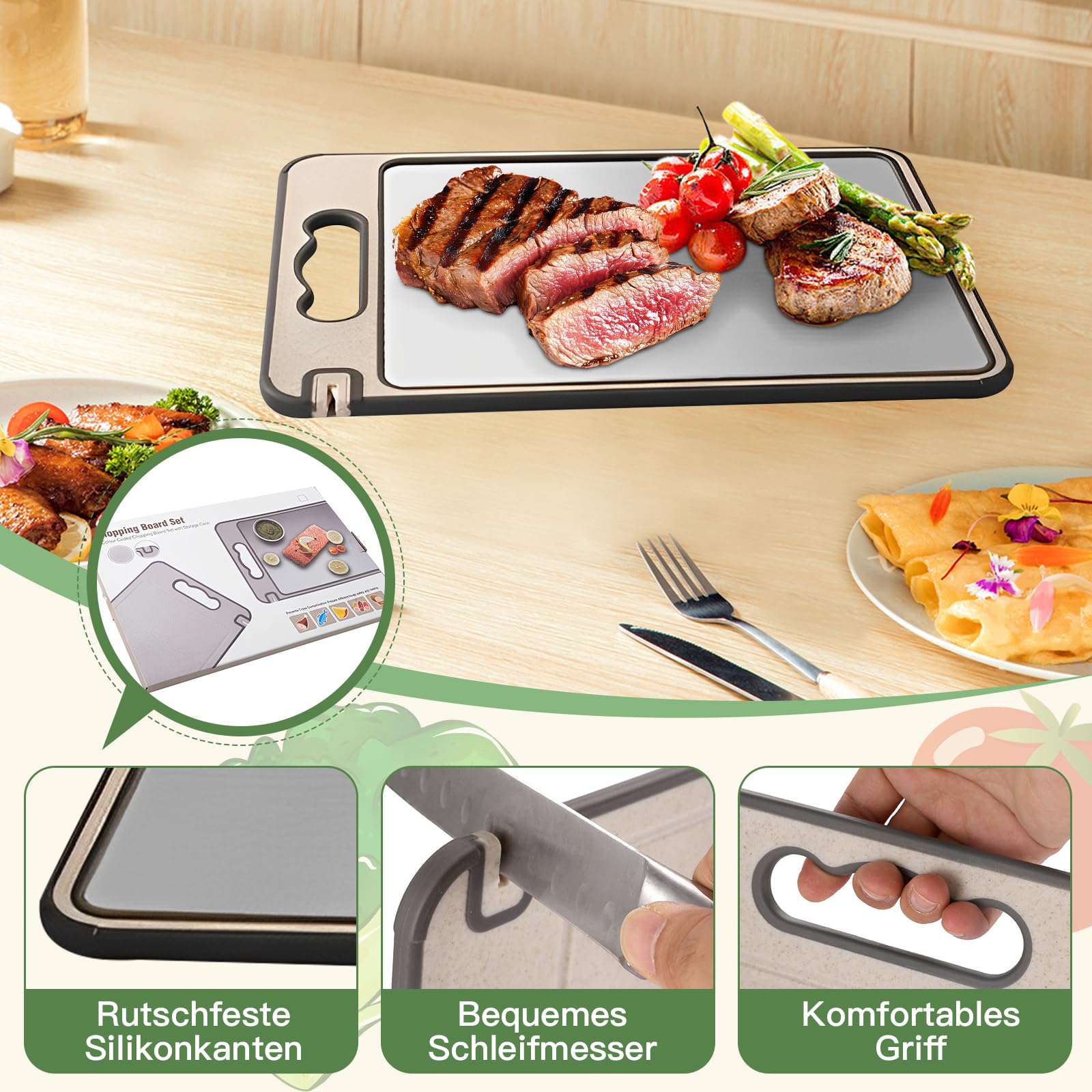 Planche à Découper Inox Double Face Silicone Antidérapante pour Cuisine Viande Poisson Fruits Légumes