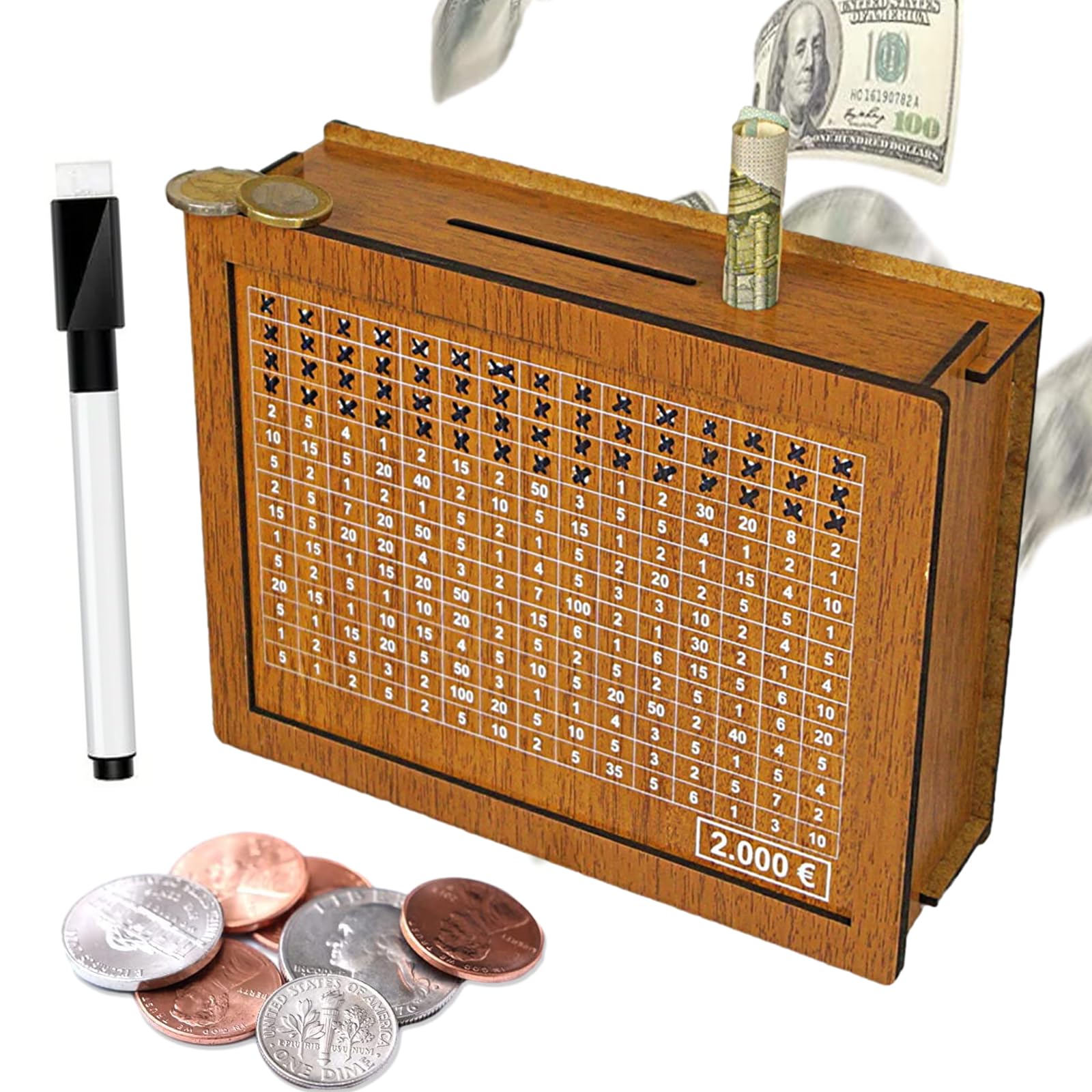 Lithyc Huchas - Hucha de Monedas de Madera - Huchas Reutilizables,Apto para Adultos y NiñOs, con Objetivos de Ahorro y Hucha Digital Marcable (2000€)