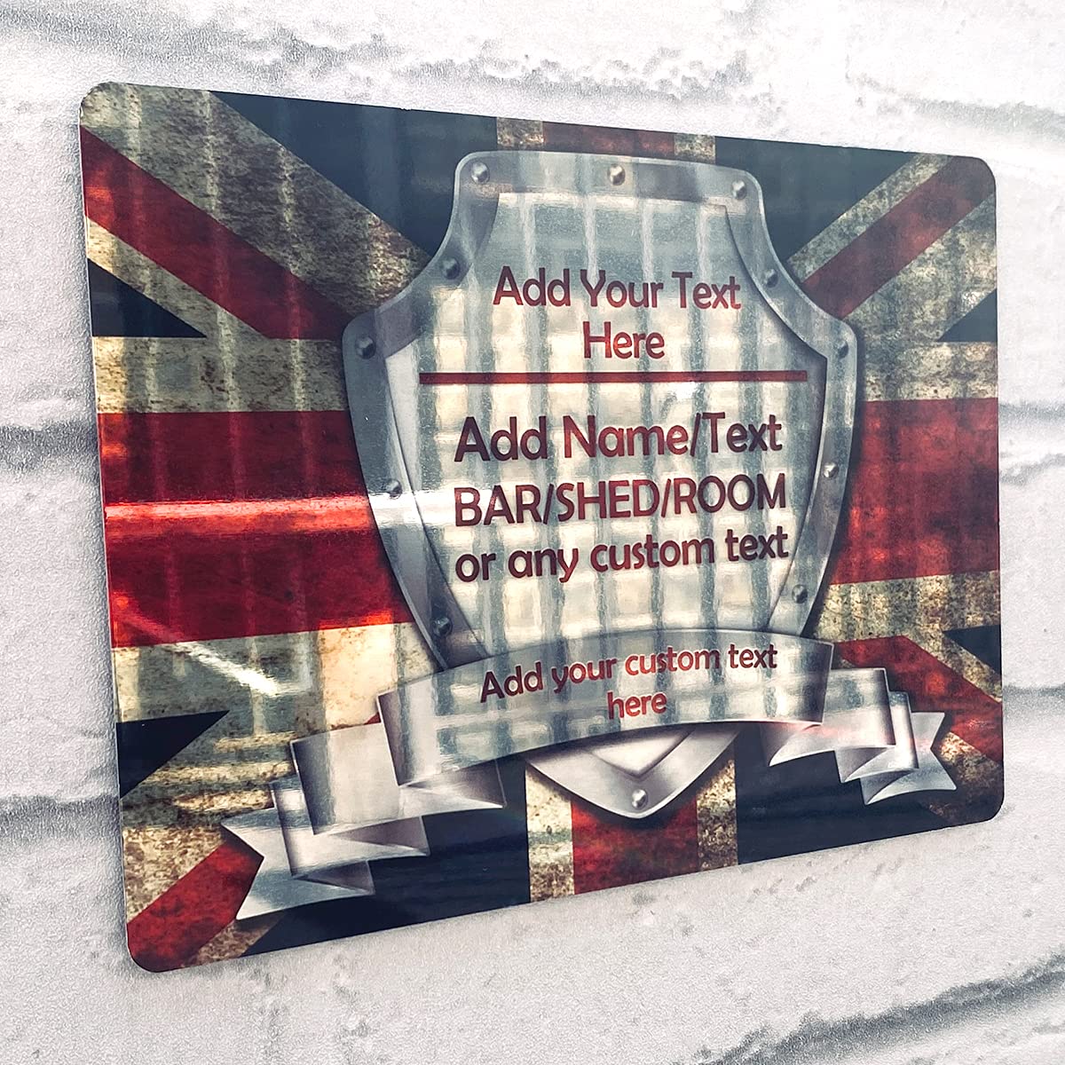 Shopquality4u Uk Bar Sign Personalised Mirror Bar Sign - Uk British Flag Printed Metal Mirror Sign Wall Art A5 Bar Add Name (20X14cm)