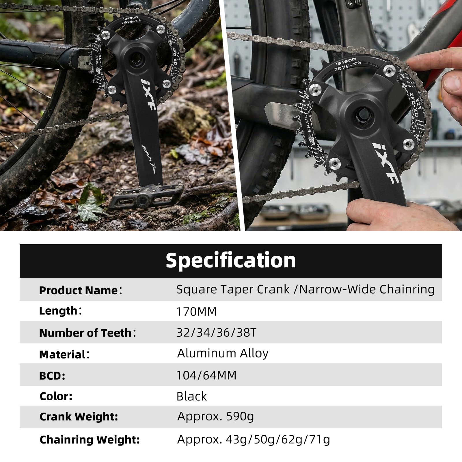 Bielas Cuadradas 170mm Plato 104 BCD 32T 34T 36T 38T Manivela MTB Compatible Shimano SRAM FSA