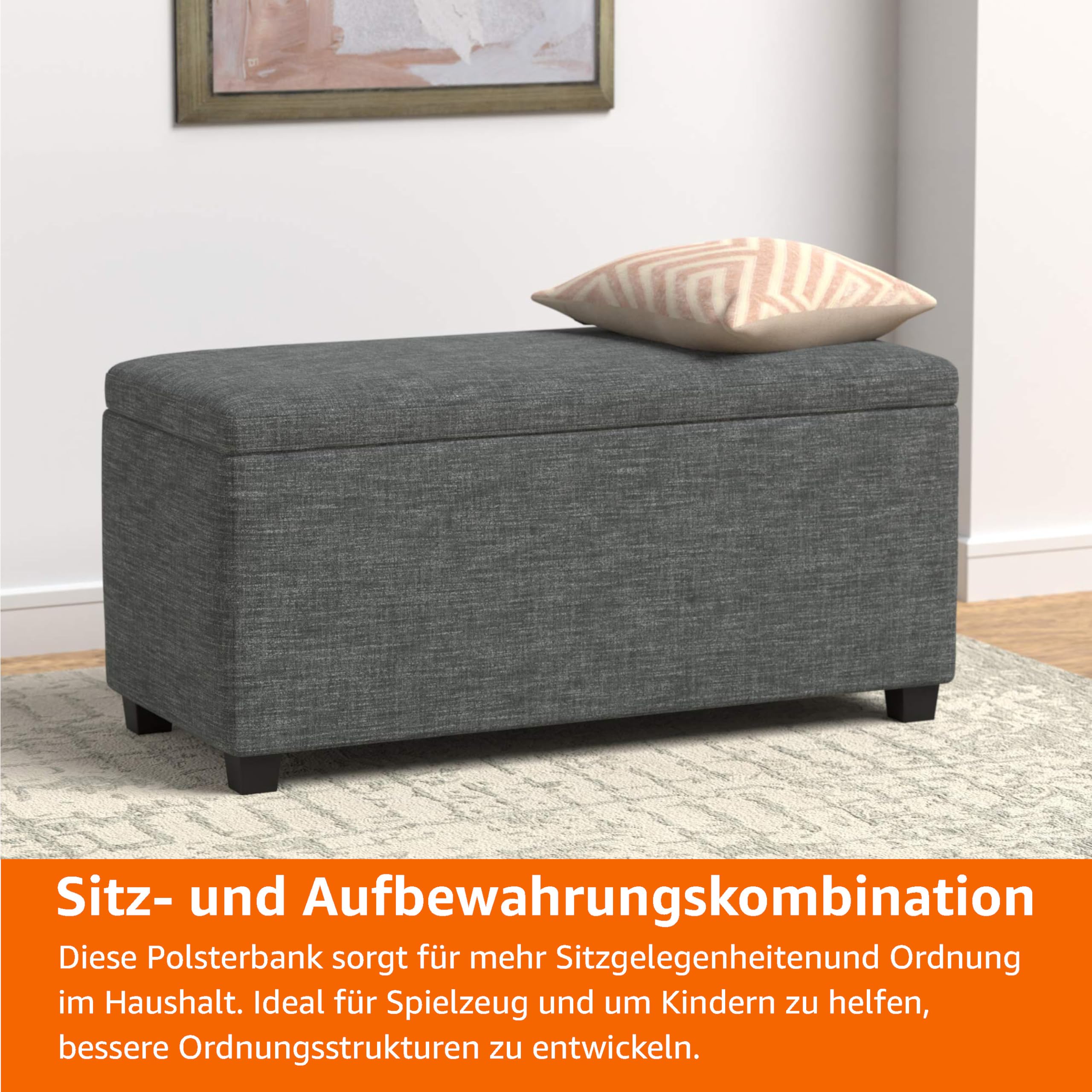 Amazon Basics Bank für den Eingangsbereich, rechteckig, gepolstert, mit Stauraum, Schlafzimmer, Flur, Polsterhocker, Leinenoptik, Dunkelgrau, 42 x 91 x 43 cm