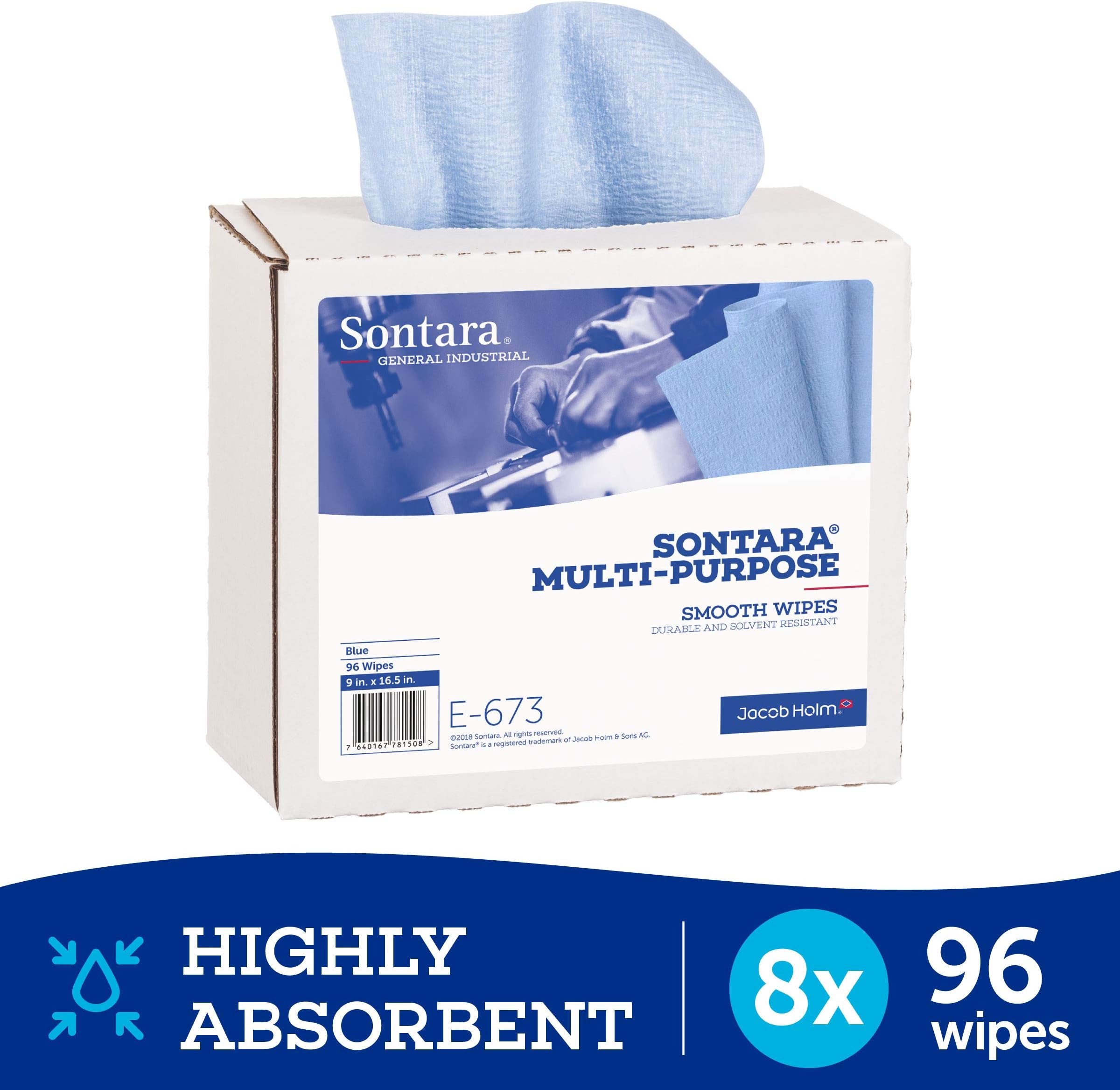 Multi-Purpose Wipers, E673, Blue, Smooth, 9" x 16.5", (Total of 768 Wipes), (case of 8 Boxes, 96 Wipes Per Box)