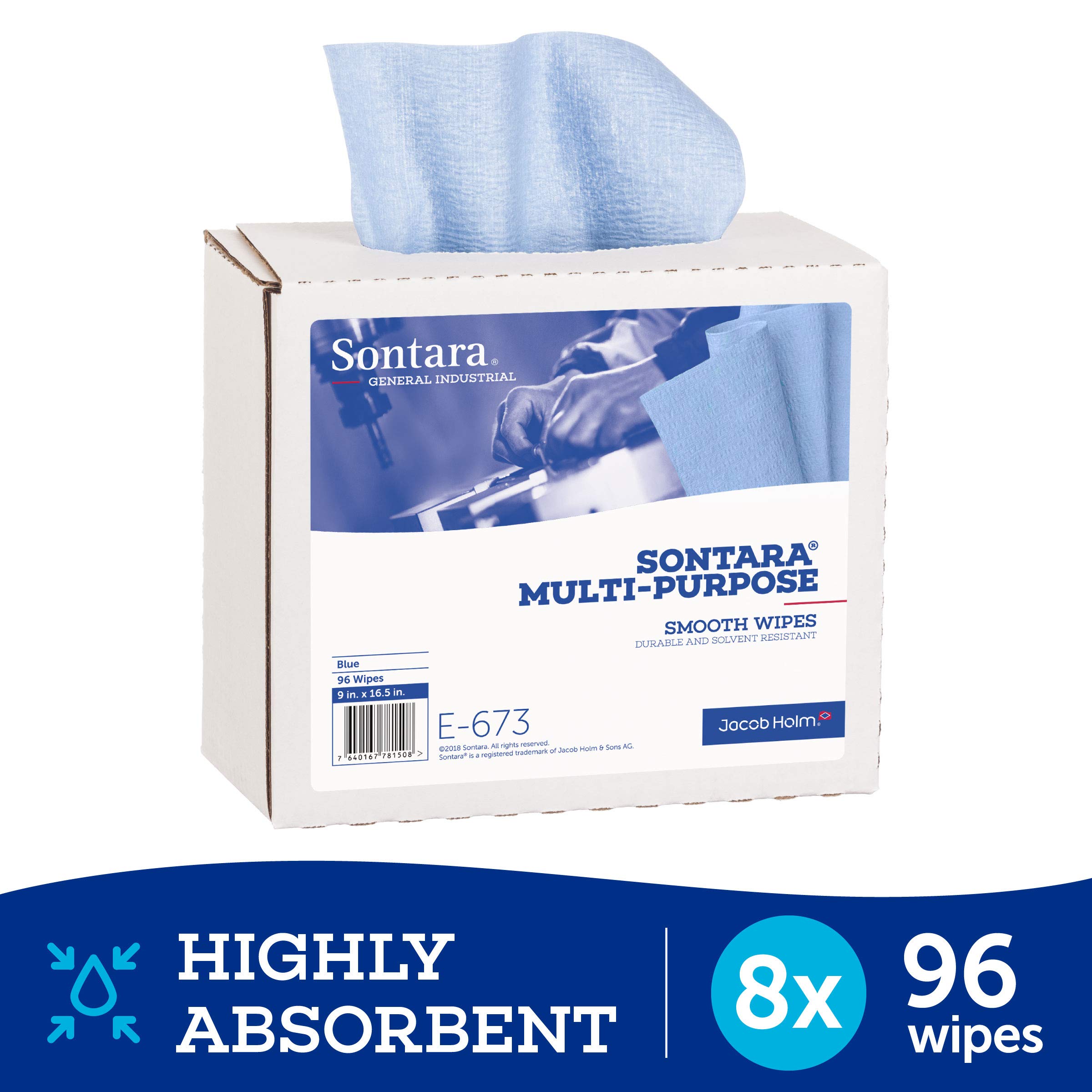 Multi-Purpose Wipers, E673, Blue, Smooth, 9" x 16.5", (Total of 768 Wipes), (case of 8 Boxes, 96 Wipes Per Box)