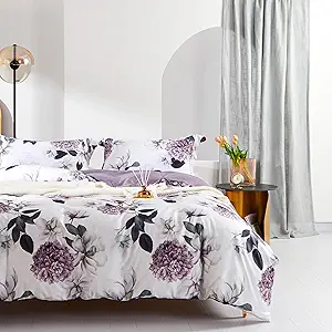 MILDLY 100% Long-Staple Cotton Duvet Cover Set Purple Hydrangea Lotus Flower Pattern Printed Comforter Cover 3pcs, Ultra Soft & Breathable Bedding Set