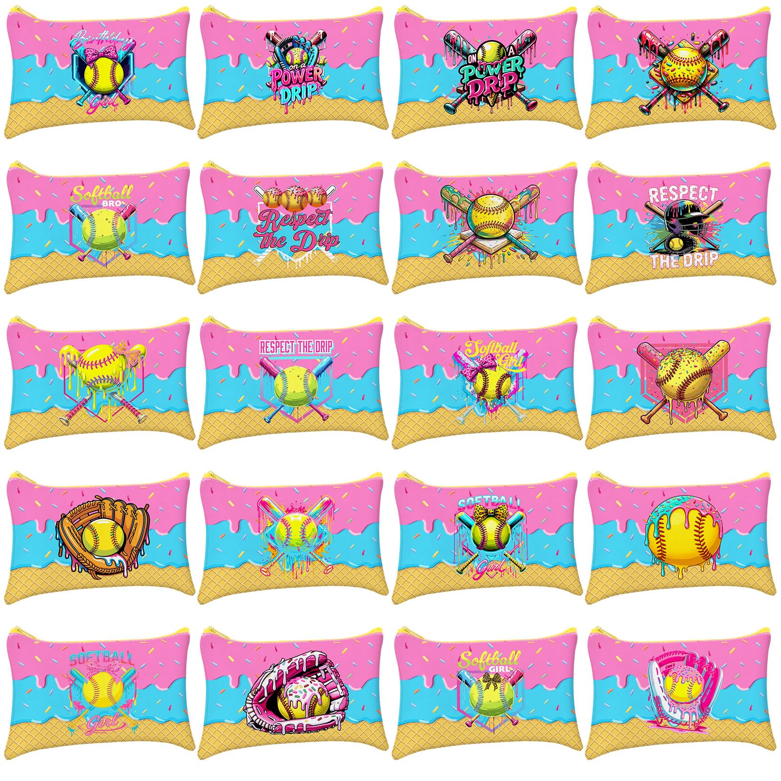 Shinylin 20 Pcs Softball Makeup Bags Ice Cream Drip Canvas Zipper Pouch | Bulk Team Gifts, Softball Cosmetic Bag Travel Organizer, Sport Ice Cream Drip Design, Canvas Party Favors Toiletry Pouch