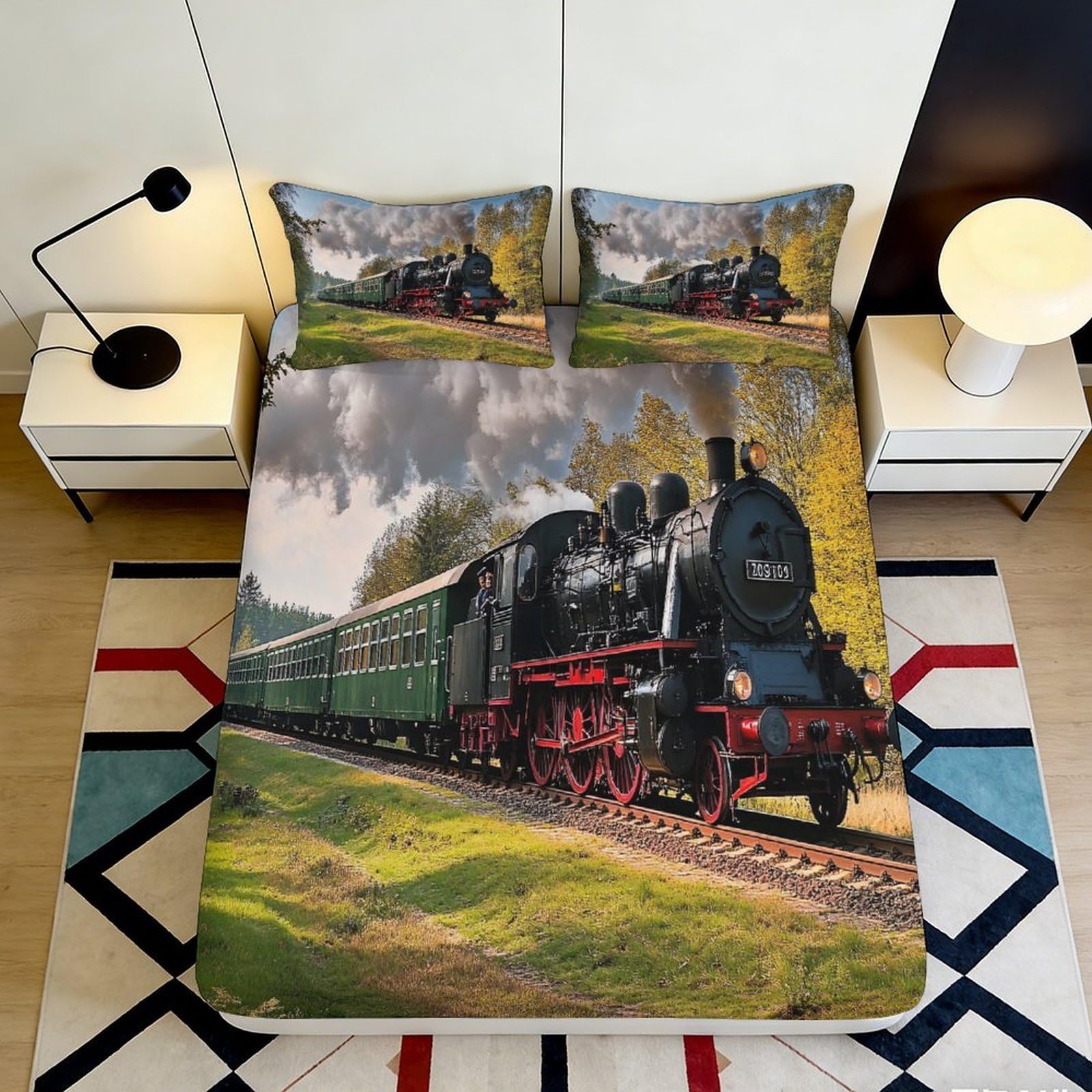 3D Printed Vintage Steam Train Fitted Sheet Microfiber Durable Soft Anti-Slip Classic Locomotive Bed Cover for Bedroom Dormitory Guest Room 90x200x25cm