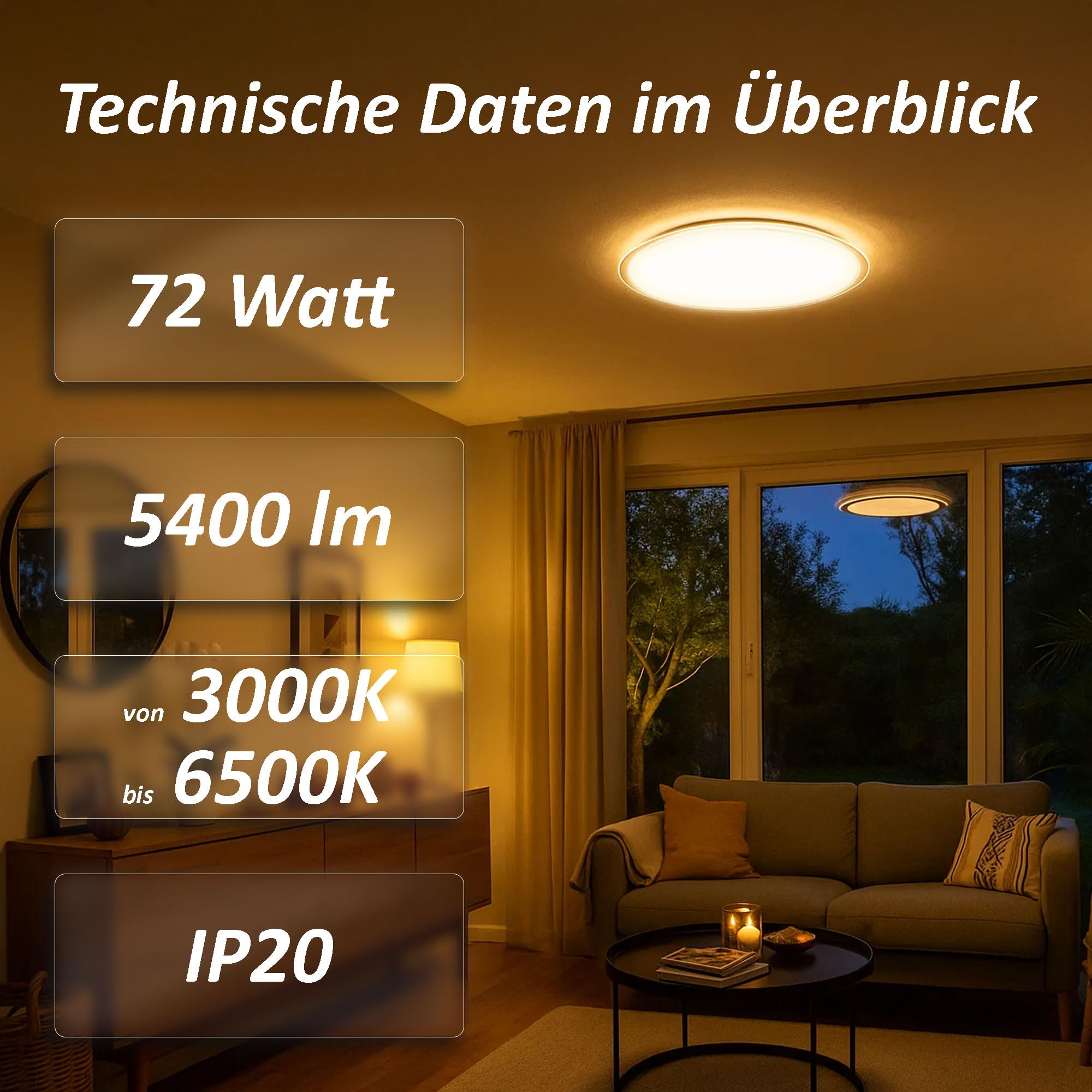 Maxkomfort LED Deckenleuchte GALA-L 72W mit Farbwechsel – moderne Deckenlampe Ø57,5 cm – schlichtes Design, 5400 Lumen, warmweiß bis kaltweiß, mit Lichtschalter steuerbar