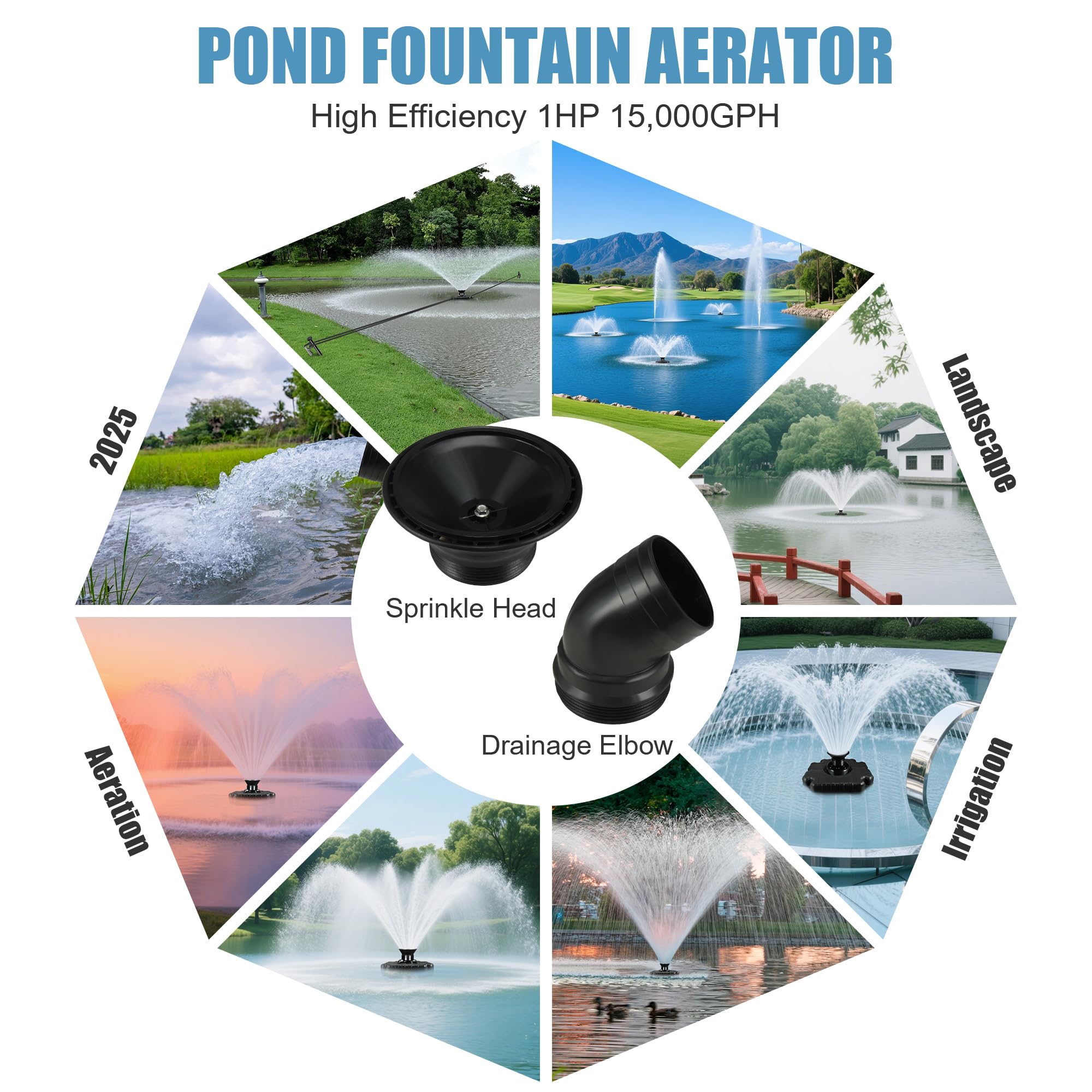 Goldlife - Aerator fontannowy do stawu, F3, 1 HP 750 W, 110 V, pływający zasilacz, ze stali nierdzewnej z przewodem zasilającym o długości 100 stóp, ośmiokątna pompa do stawu