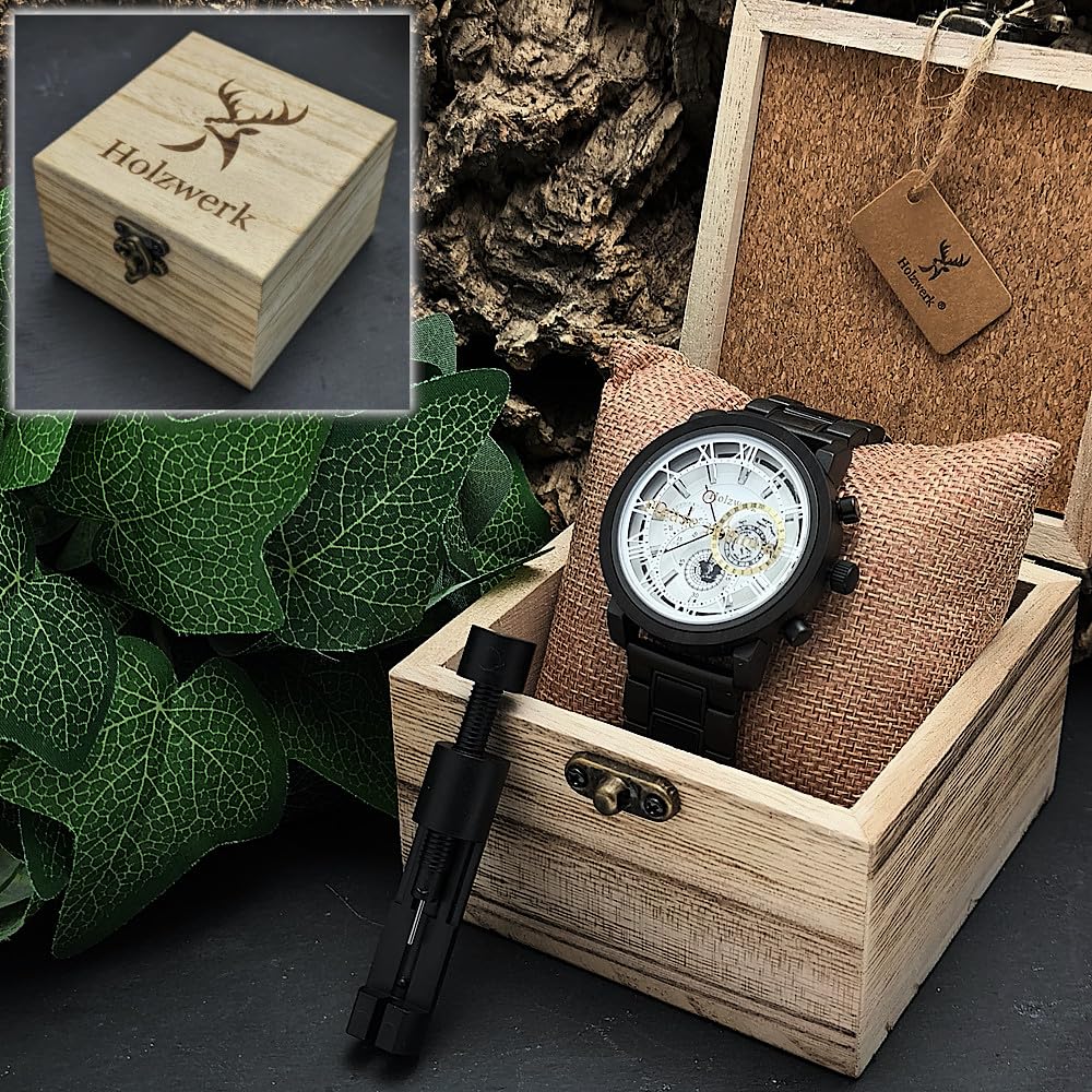 Holzwerk Germany Ręcznie wykonany designerski zegarek męski ekologiczny naturalny drewniany zegarek chronograf bransoletka zegarek analogowy zegarek kwarcowy brązowy czarny cyfry rzymskie data drewno