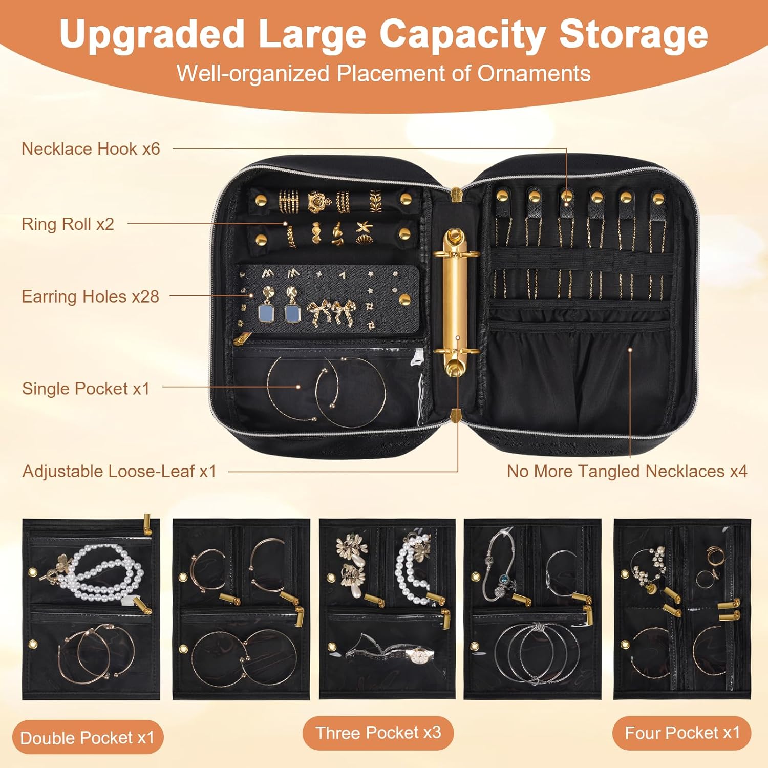 Travel Jewelry Case Organizer for Women, Jewelry Storage Book with Small Pouch, Travel Jewelry Bag Case for Traveling Necklace, Earrings, Rings, Bracelet Organizer (Black) - Image 3