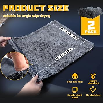 2-Pack Double-Twist Pile Microfiber Towels for Cars 1300 GSM Car Drying Towels (15.75 x 15.75) Ultra Absorbent Microfiber Towel, Streak-Free & Scratch-Free Car Cleaning Supplies with Edgeless Design