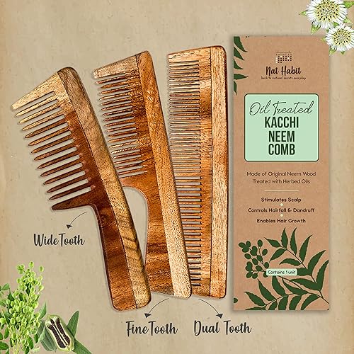 Miniatura 2 de Nat Habit - Peine de neem natural, peine de madera, crecimiento del cabello, para hombres y mujeres, tratado con aceite de neem, dientes dobles y