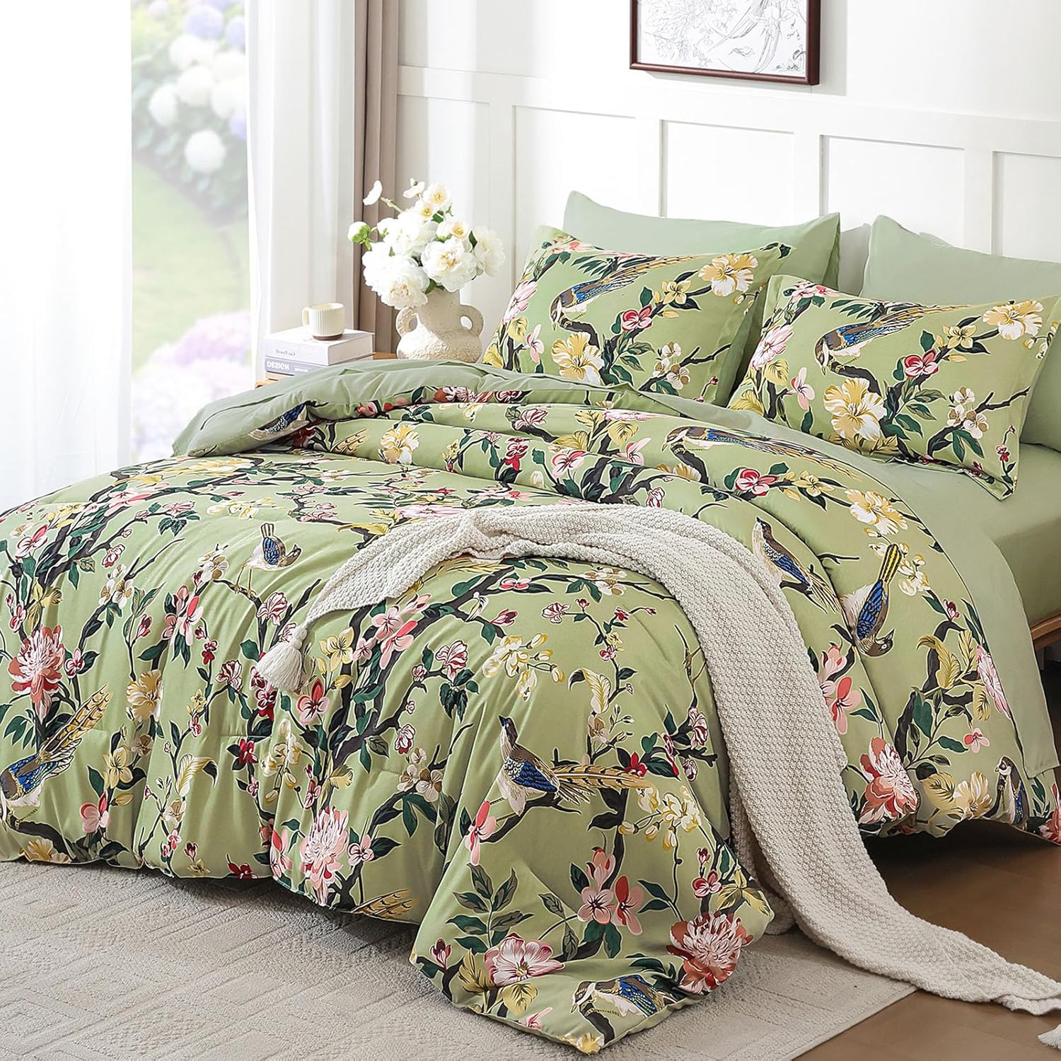 Mybedsoul Floral King Size Comforter Set, 7 Pieces Green Botanical Soft Bed in a Bag, Tree Branches & Birds Print Bedding Set with Sheets, Pillowcases & Shams for All Season (90"x104") King Green