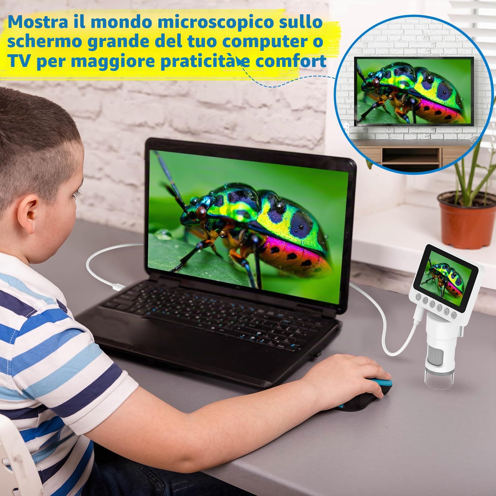 Microscopio tascabile digitale portatile per bambini, 1000X lente d'ingrandimento con luce per monete, gioielli, lettura, scienza, apprendimento