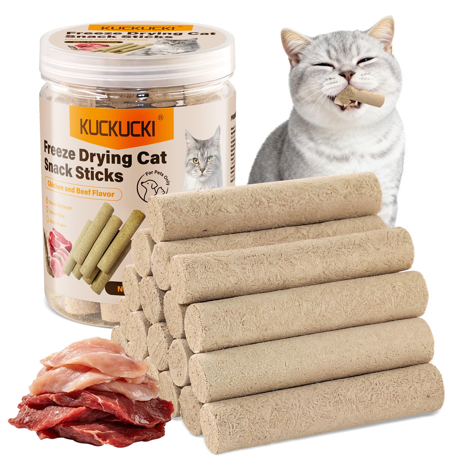 Snack Liofilizado de Pollo para Gatos, Carne de Vacuno Crujientes Snack para Gato Perros, Golosinas para Gatos Icas en Proteínas
