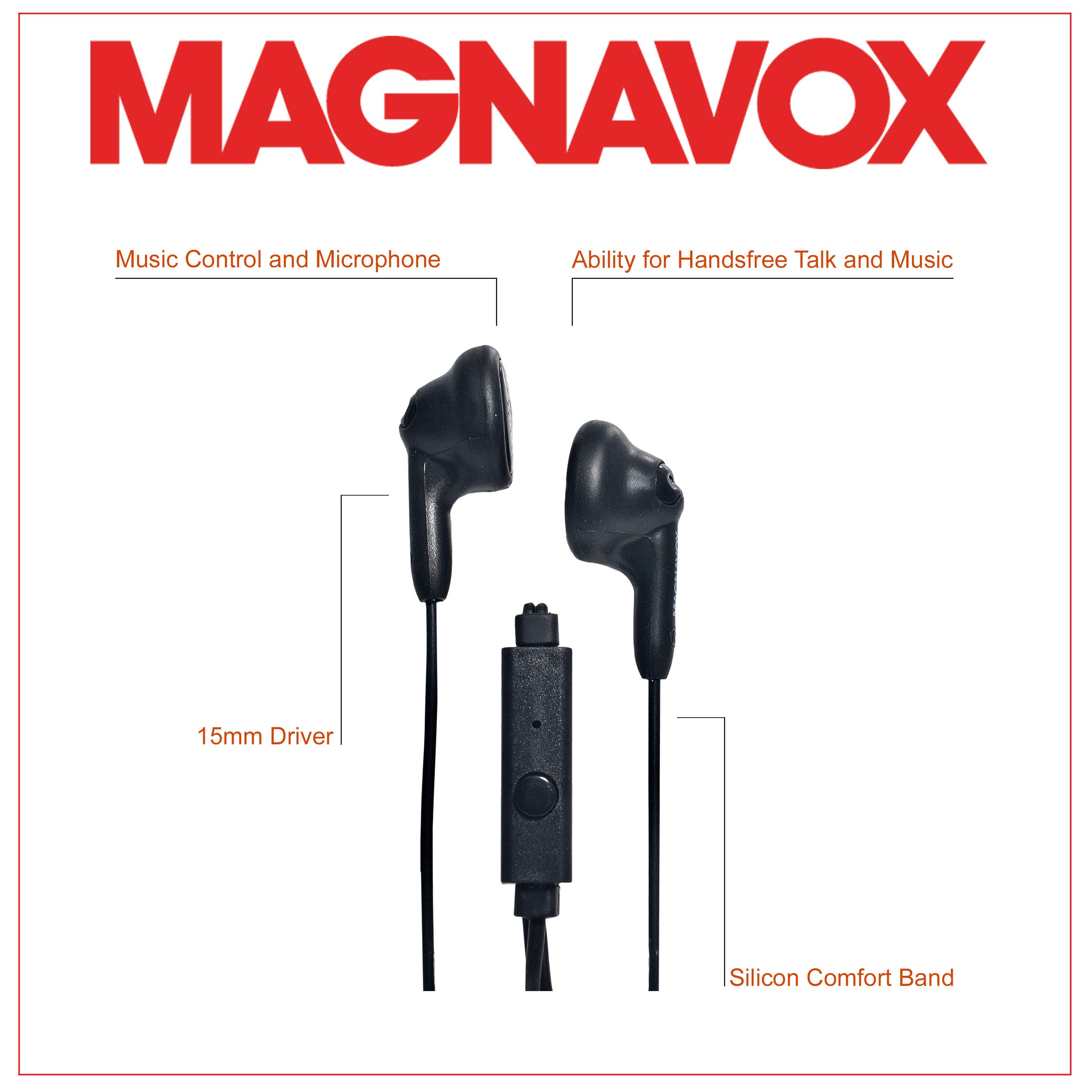Magnavox MHP4820M-BK Gummy Earbuds with Microphone in Black | Available in Pink, Purple, White, Black, & Blue | Earbuds Gummy | Extra Value Comfort Stereo Earbuds | Durable Rubberized Cable |