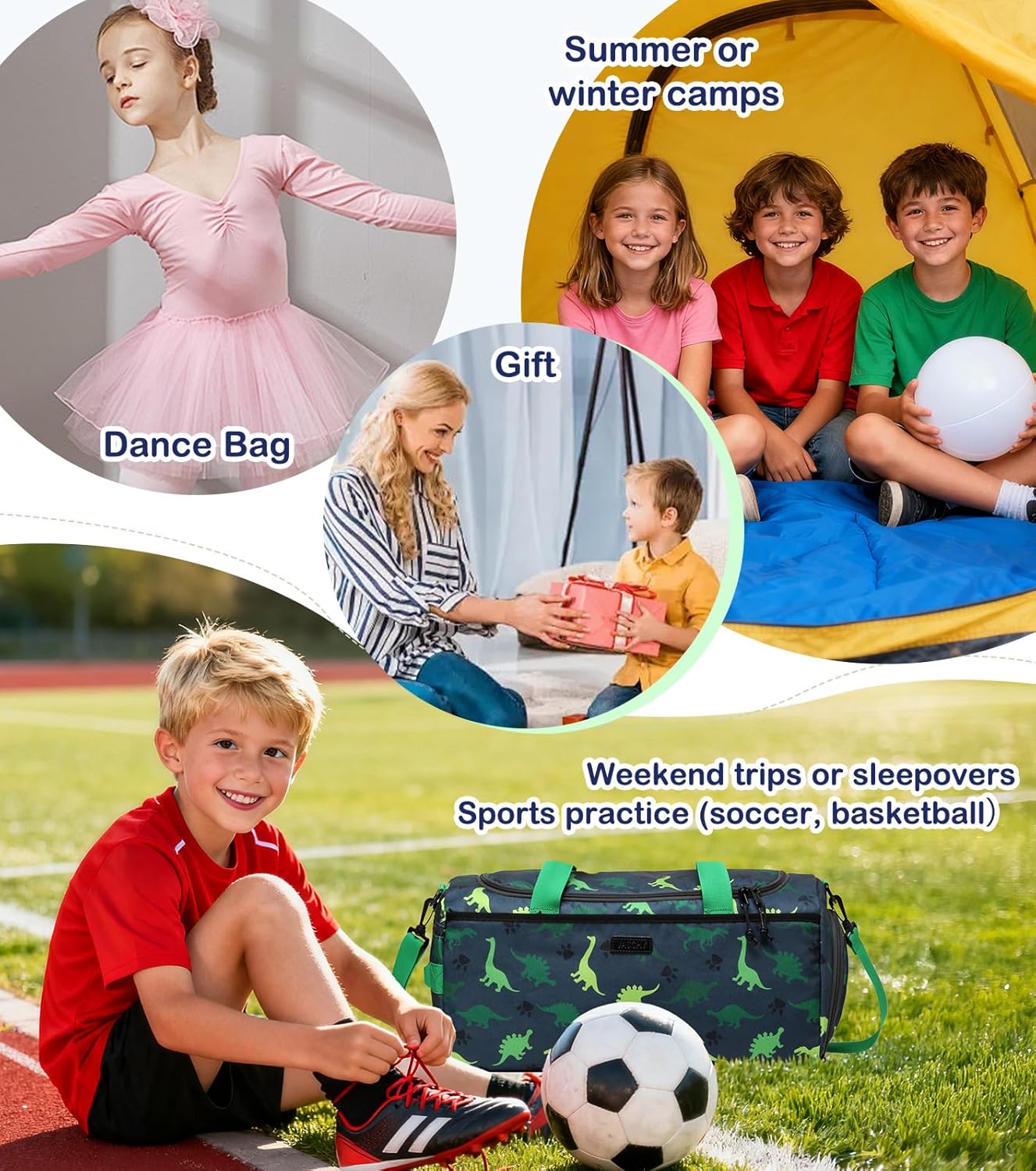 Kids Duffle Bag,VASCHY Travel Bag for Toddler Children Boys Water Resistant Overnight Duffel Ballet Dance Sport Carry On Weekender Bag with Shoes Compartment Dry Wet Pocket Green Dinosaur