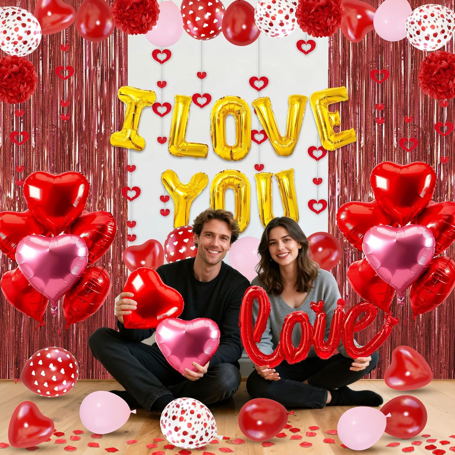 Red Valentines Day Decorations Set, I Love You Banner 1000Pcs Rose Petals Red Pink Heart Hanging Streamer Foil Balloons Paper Pompom Foil Curtain for Wedding Romantic Anniversary Party Decor