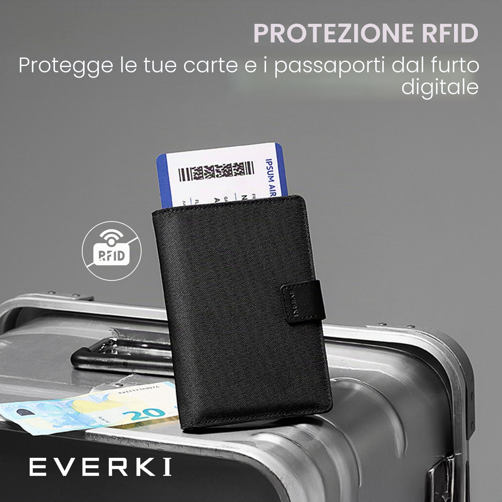 Everki porta passaporto RFID – custodia sottile anti-RFID per viaggio, copertura protettiva per passaporto, accessorio da viaggio donna/uomo – Nero
