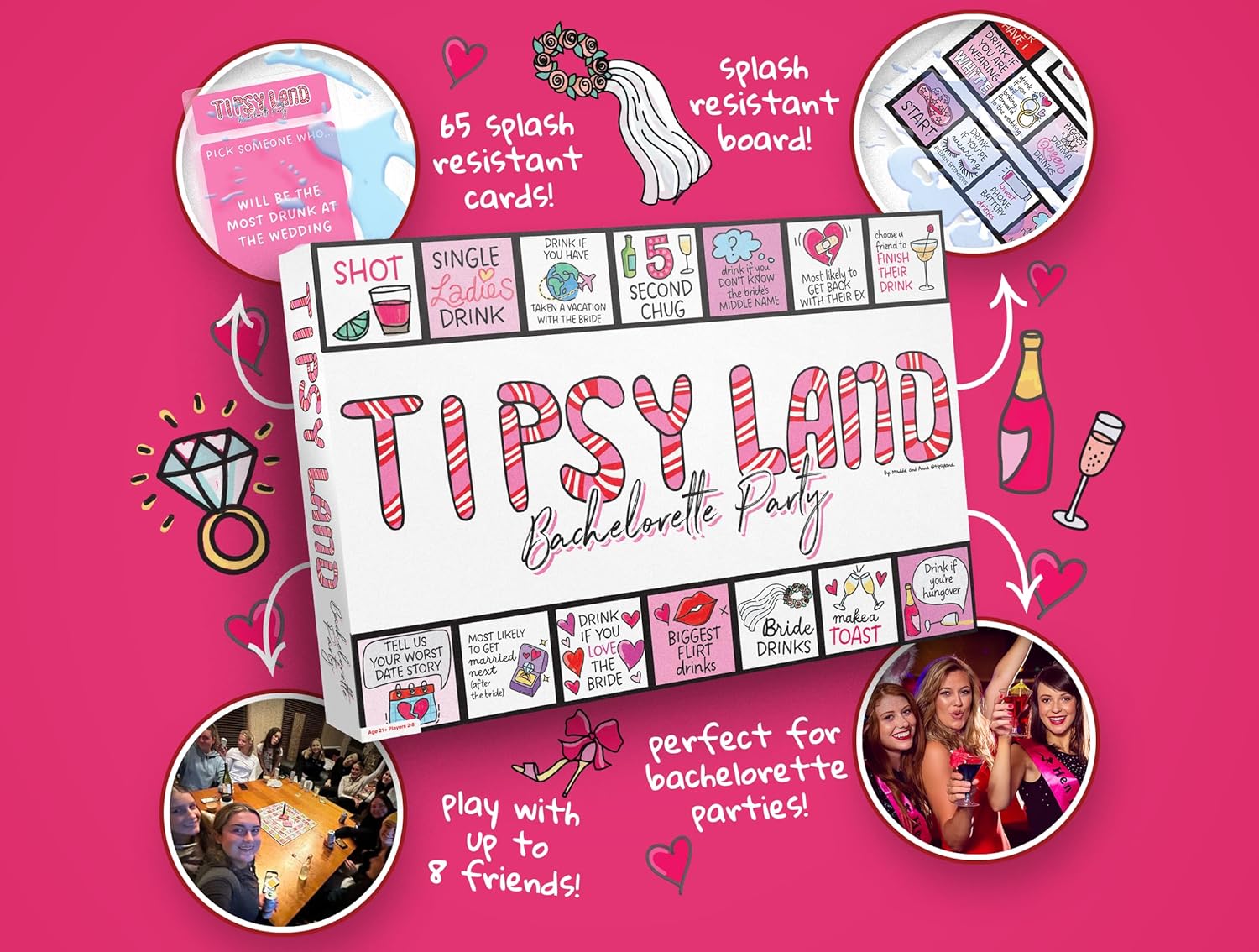 tipsyland bachelorette edition | official product | hilarious adult board game | group game for game nights, parties and more | fun challenges, dares & mini-competitions | 3-8 players