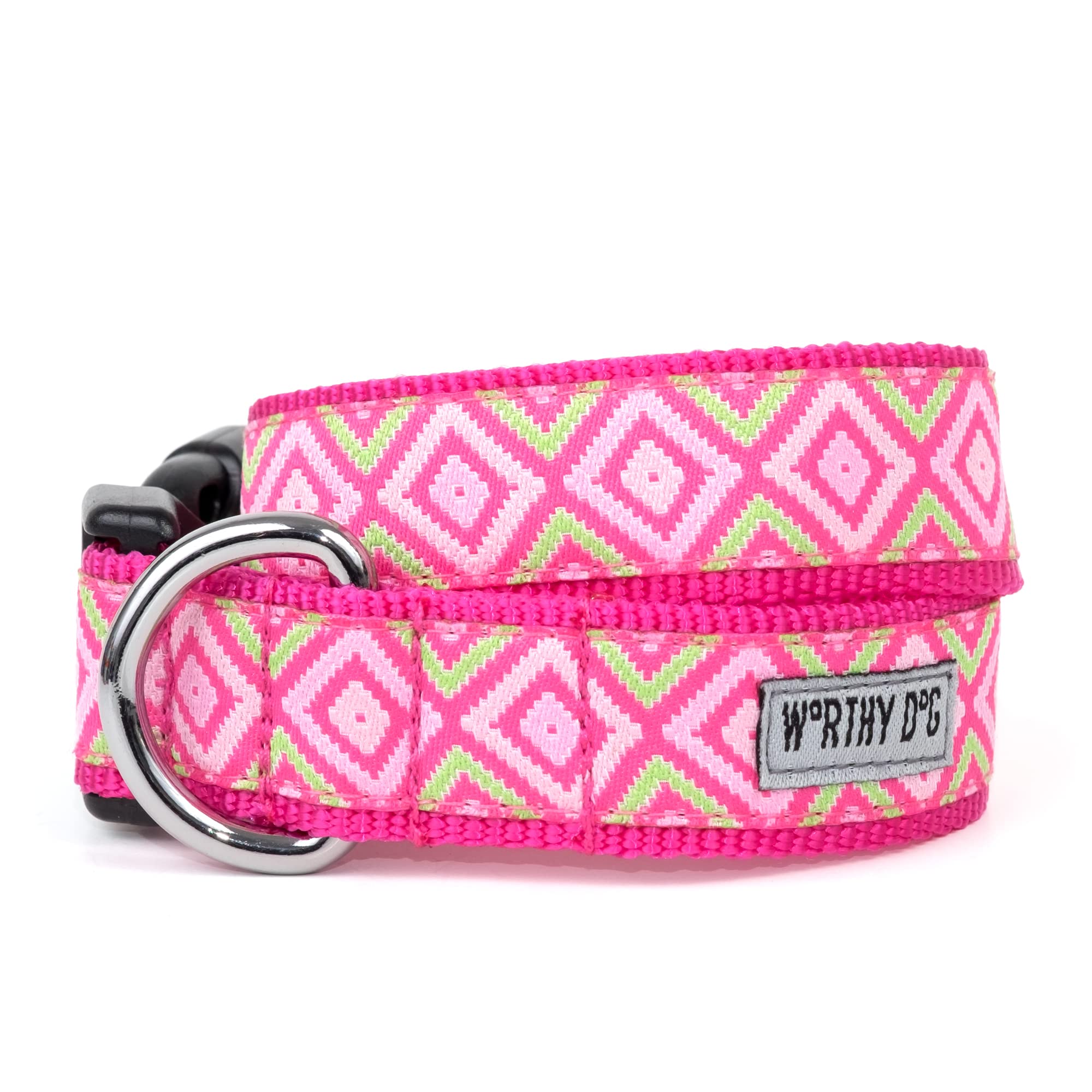 THE WORTHY DOG Collar for Large Dogs, Adjusts 15-21 inches, Durable Nylon Webbing, Quick Release Buckle, Graphic Diamond Pattern, Pink, Large