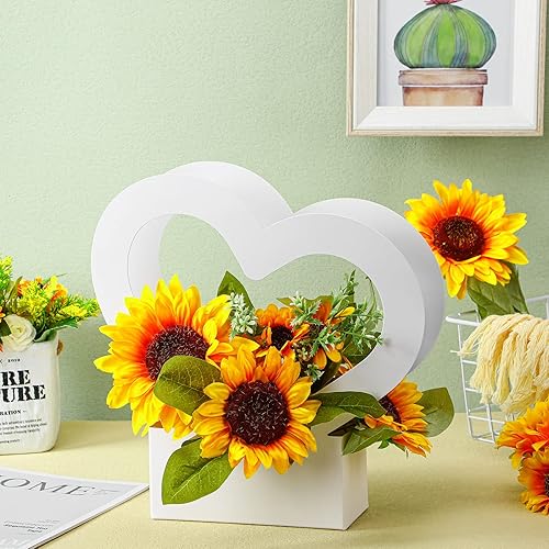 Miniatura 4 de Sinmoe 12 cajas en forma de corazón para flores, bolsas vacías de regalo con asa, cesta plegable para arreglos de boda, graduación (blanco)