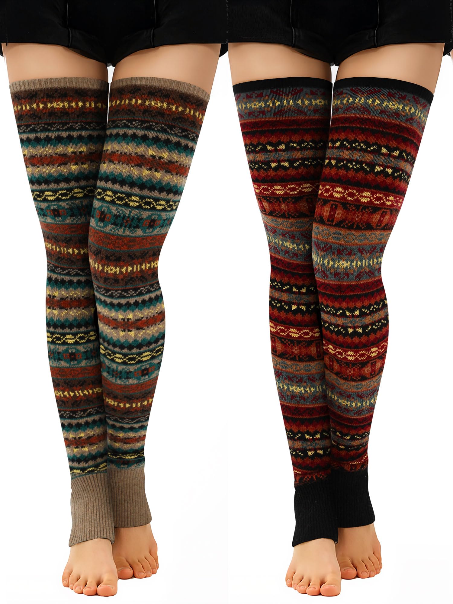 2 Pairs Extra Long Boho Leg Warmers for Women 30 Inch Over Knee Bohemian Wool Knit Thigh High