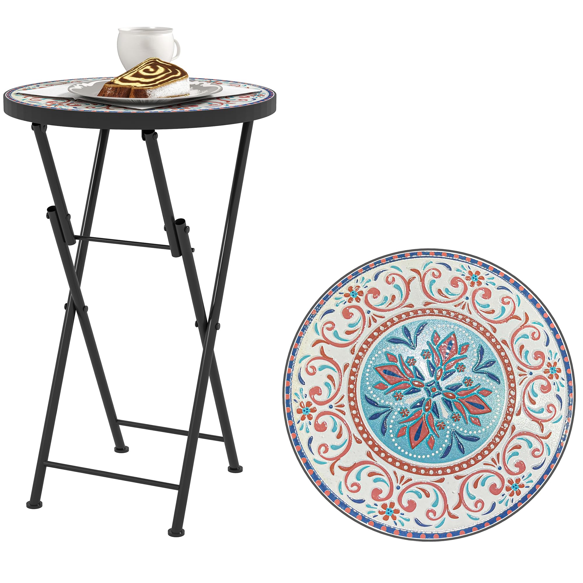 Outsunny Mesa Auxiliar Redonda Mesa de Jardín Exterior Plegable con Encimera de Mosaico y Almohadillas Antideslizantes Mesa para Exterior Terraza Patio Ø35,5x55 cm Multicolor