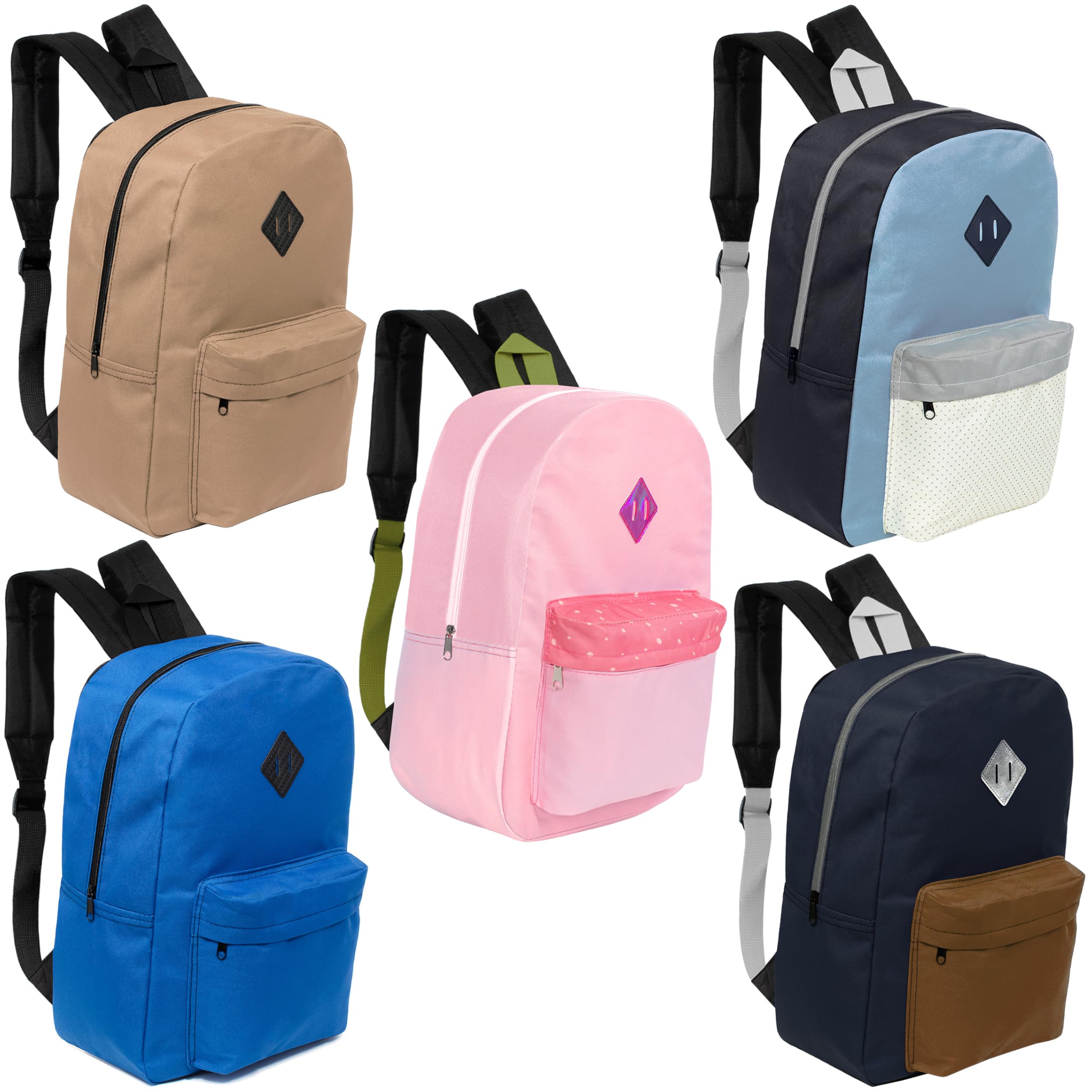 Moda West 17" Kids Basic Wholesale Backpack in 5 Assorted Colors 24 Pack - Bookbags in Bulk for Elementary, Middle, and High School Students,