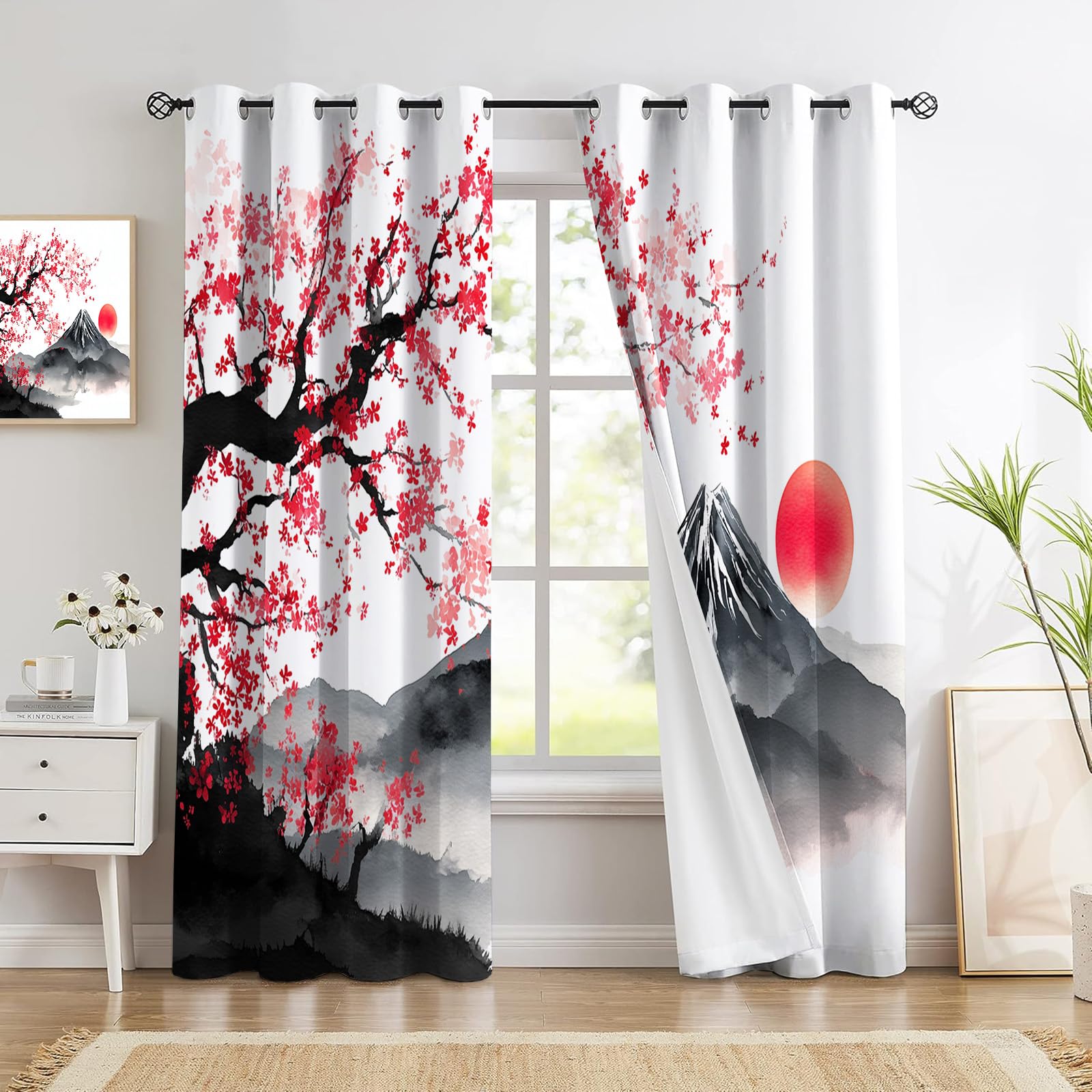 Rideau Occultant Paysage Japonais 140x240cm 2 Panneaux Rideau Thermique Isolant Anti Froid A Oeillets Rideaux Salon Style De Peinture À L'Encre Décoratif Chambre Adult Cuisine